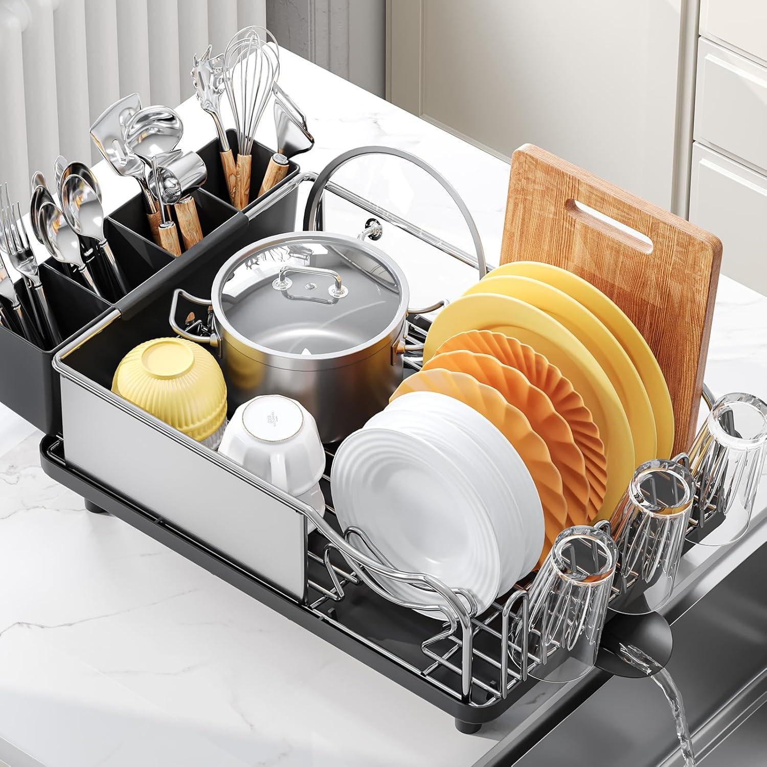 Dish Drying Rack - 304 Large Stainless Steel Dish Drainer for Kitchen Counter, Multifunctional Rust Resistant Kitchen Organizer and Easy Cleaning Storage Rack with Cutlery Holder Drip Tray