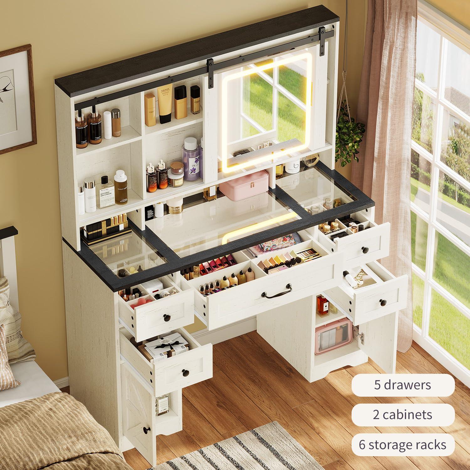 Farmhouse Makeup Vanity Desk with Sliding Lighted Mirror, Glass Top Vanity Desk with Power Outlet, Rustic Vanity Set, Antique White