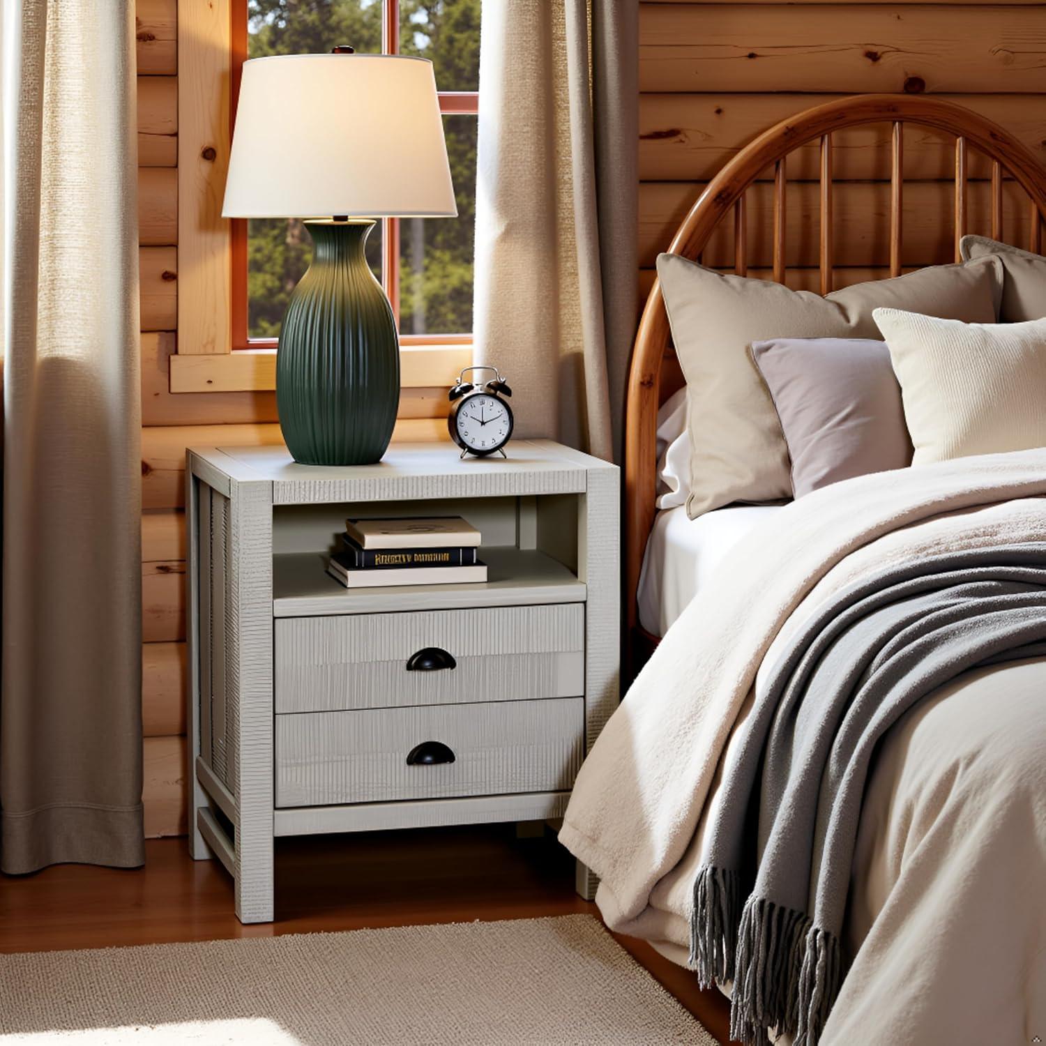 Windsor 2-Drawer Wood Nightstand for Kids Bedroom - Rustic Painted Finish, Metal Glides, Open Shelf Storage, Pine Wood Construction, 22 in. W x 17 in. D x 25 in. H, Distressed Look