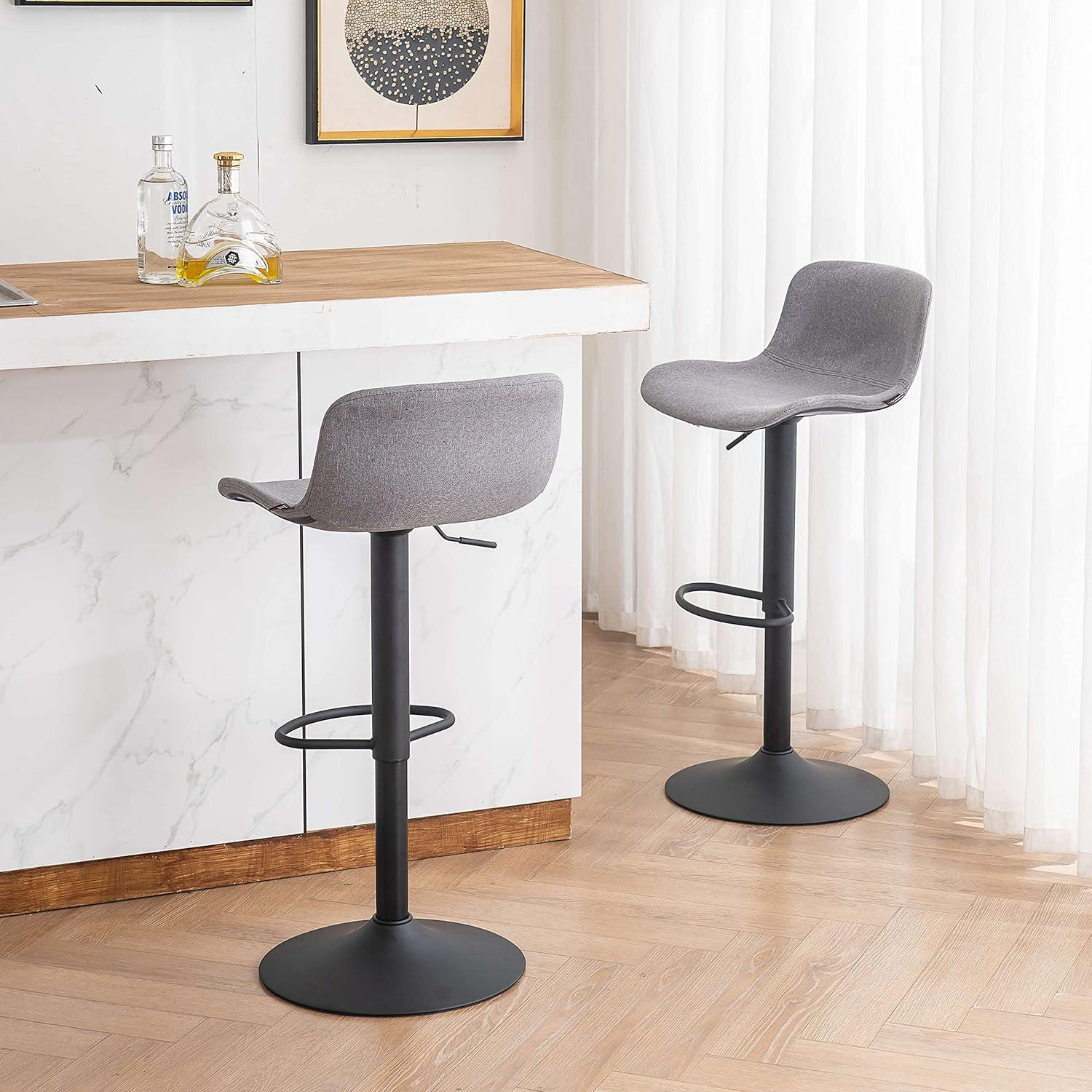 Adjustable Gray Fabric Swivel Bar Stools with Metal Base, Set of 2