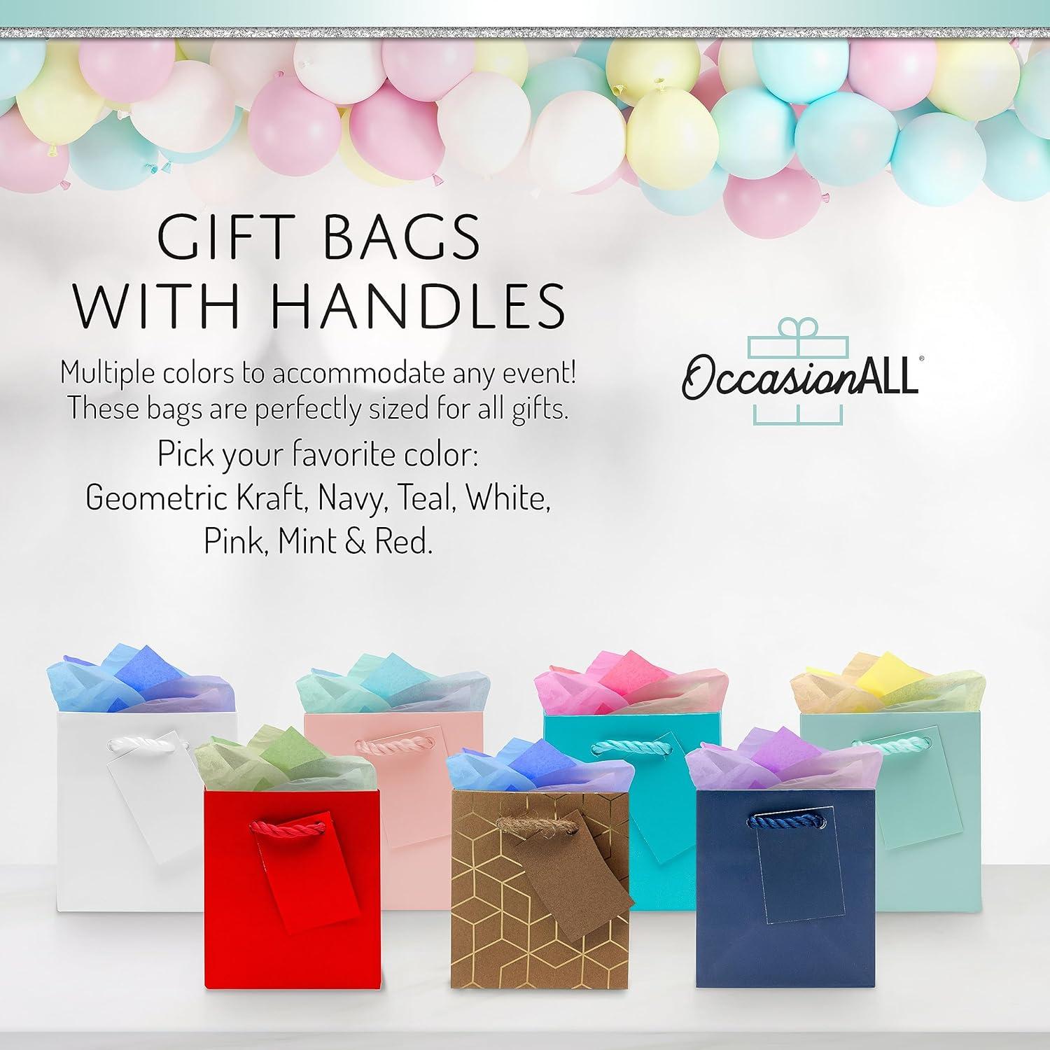 OccasionALL Mini Gift Bags with Handles, Brown Gold Paper Tote for Christmas, Holidays, Cards, Weddings, Birthdays, Shopping, Bulk, 4x2.75x4.5 12 Pack