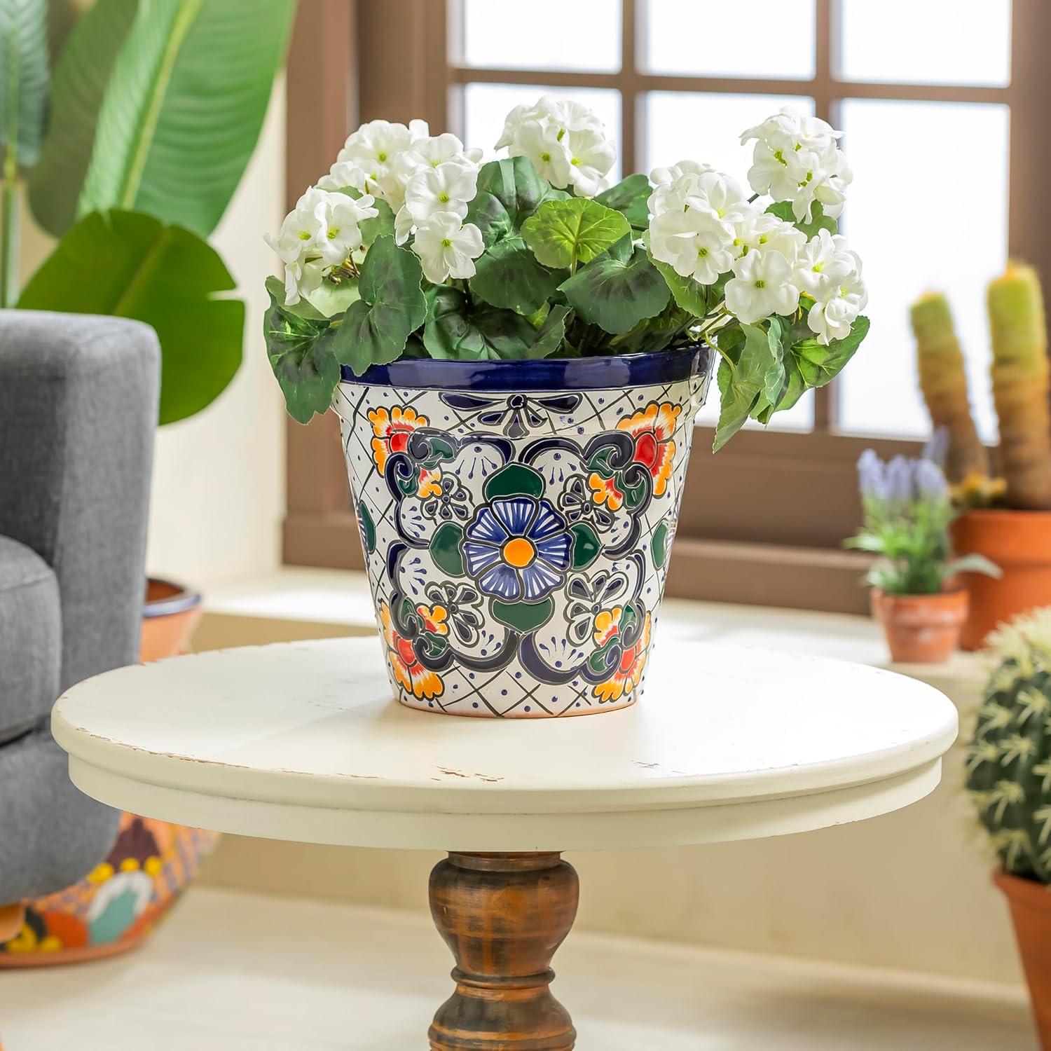 Evergreen Garden Talavera Mexican Pottery Ceramic Floral Classic Top Pot Planter | Flower Pot Plant Succulent | Indoor Outdoor (10 inch)