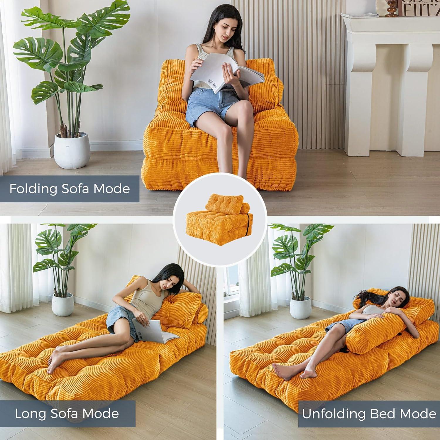 Folding Sofa Bed, Convertible Sleeper Chair with  with Back Support, Portable Fold Out Chair Bed Comfy Floor Sofa Lounge for Living Room Bedroom, Orange, Single