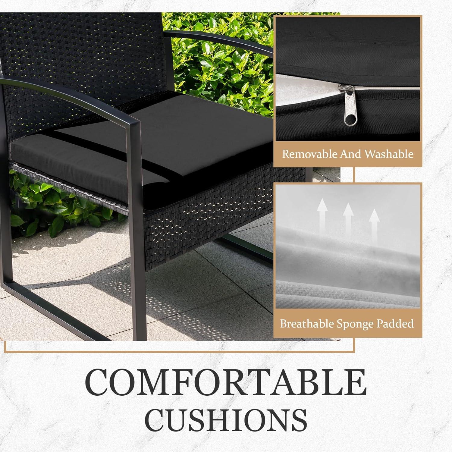 Black Steel and Wicker 3-Piece Patio Bistro Set with Beige Cushions