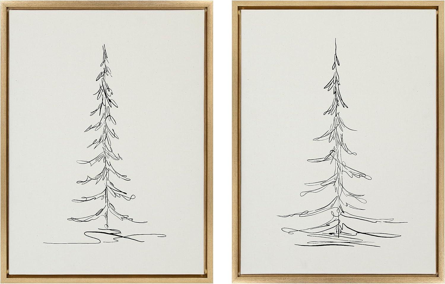 Minimalist Evergreen Tree Sketch Gold Framed Canvas Art Set