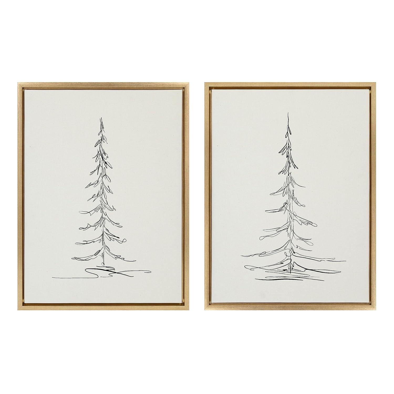 Kate and Laurel Sylvie Minimalist Evergreen Trees Sketch Framed Canvas Wall Art Set by The Creative Bunch Studio, 2 Piece 18x24 Bright Gold, Minimal Christmas Tree Sketch Art