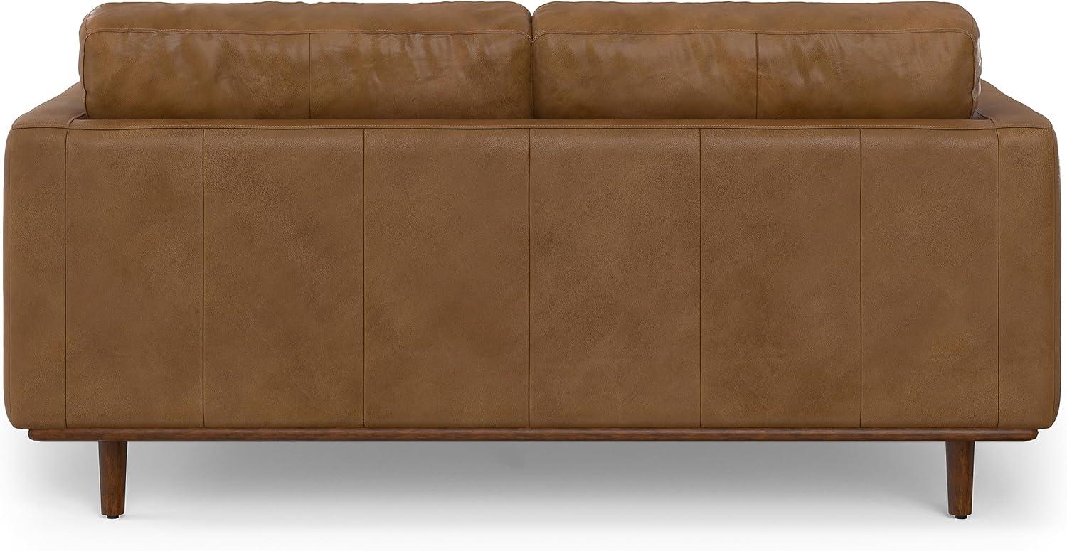 Simpli Home Morrison Mid-Century Modern 72 inch Wide Sofa in Caramel Brown Genuine Leather