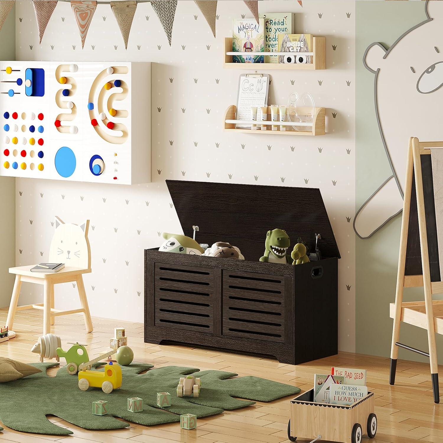 DINZI LVJ Storage Chest, Flip-Top Wooden Toy Box with 2 Safety Hinges, Retro Entryway Shoe Bench, Sturdy Large Storage Trunk for Living Room, Bedroom, Toddler Room, Easy Assembly, Rustic Brown