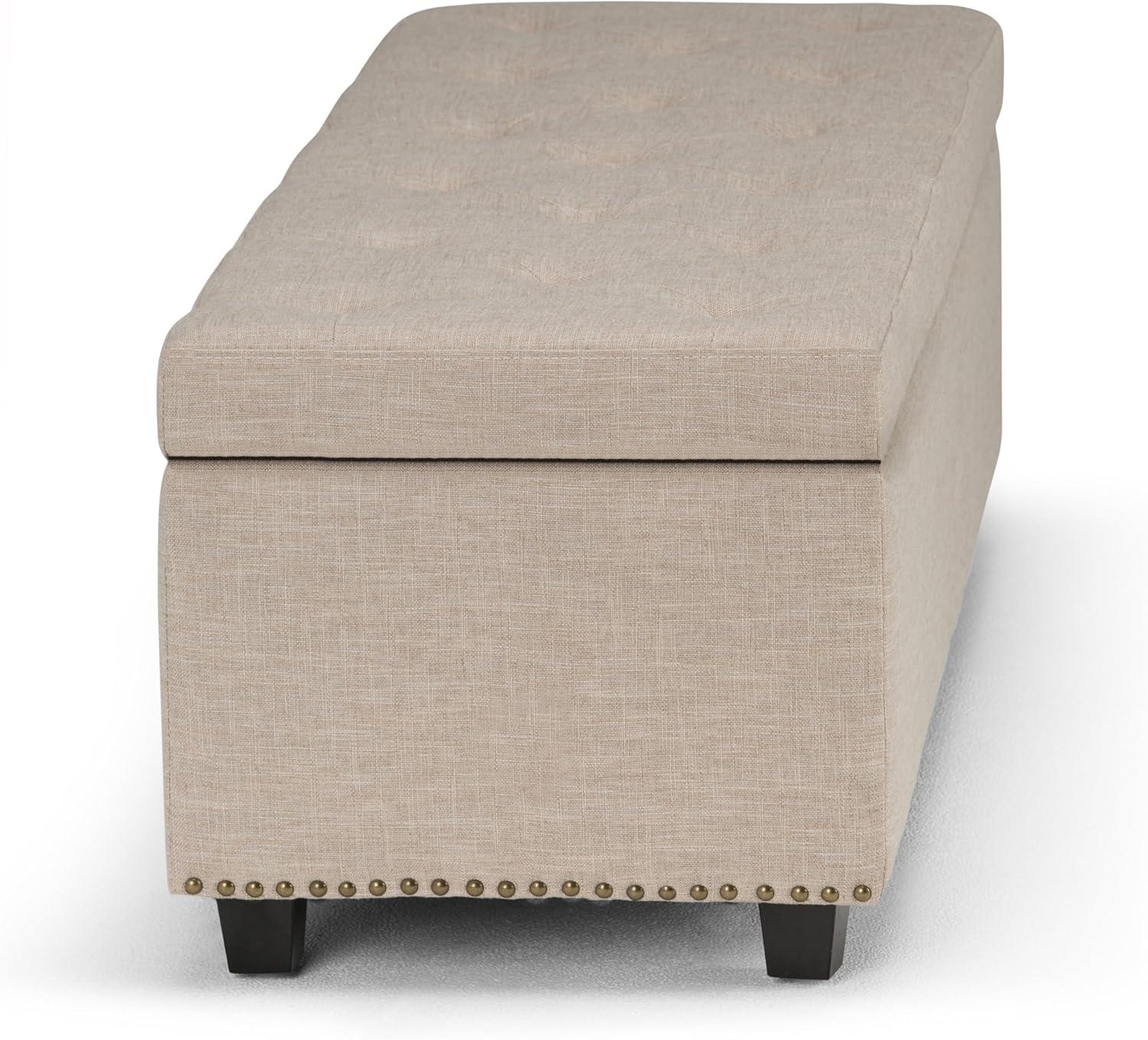 Natural Tufted Linen Rectangular Storage Ottoman Bench