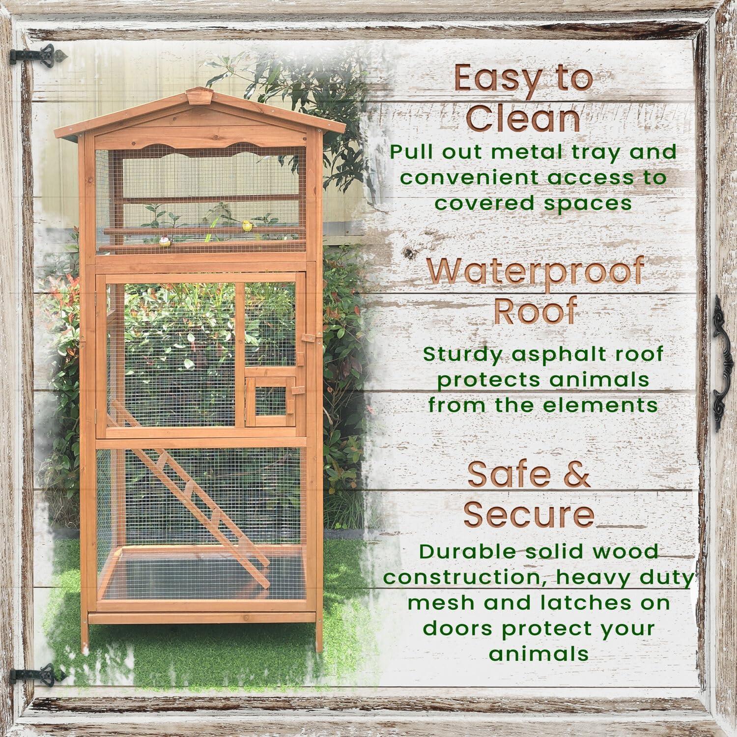 Hanover Outdoor Wooden Bird Cage with 3 Resting Bars, Ladder, Waterproof Roof and Removable Tray, 2.9 Ft. x 2.1 Ft. x 5.8 Ft.