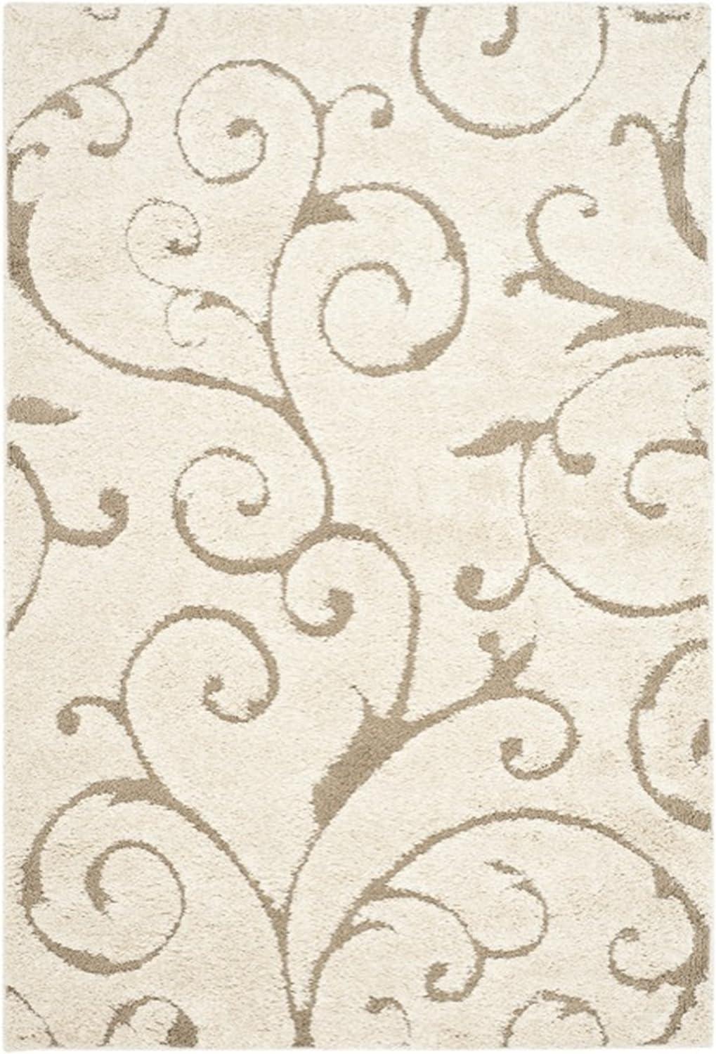 Elegant Cream/Beige Floral Vine Shag Rug, 6' x 9', Synthetic Easy Care