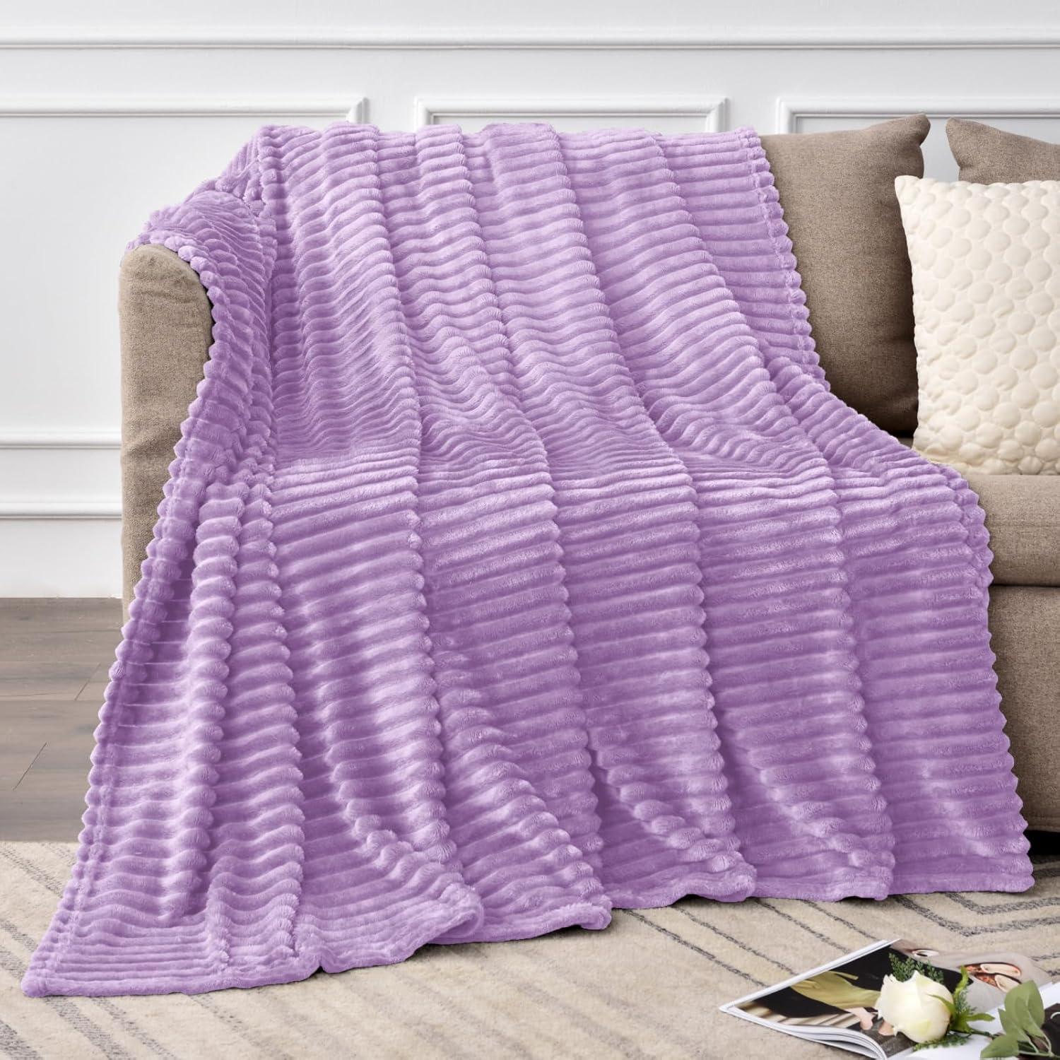 Lavender Fleece 3D Ribbed Reversible Throw Blanket