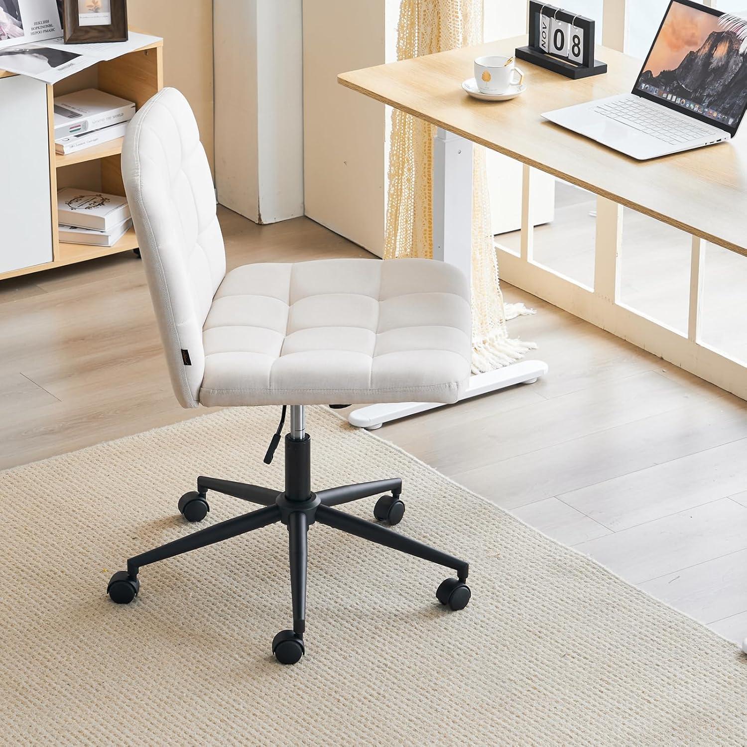 Modern Armless Home Office Chair Wide Desk Chair with Wheels Adjustable Swivel Task Chair Comfortable Vanity Chair for Home Office, Bedroom. Linen-Beige