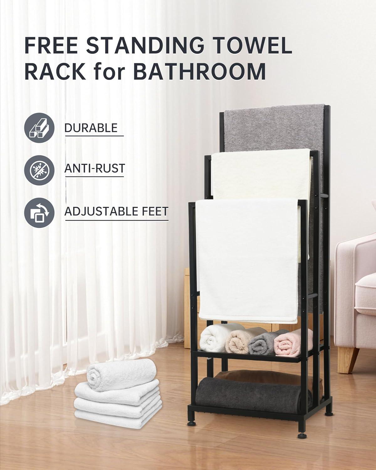 Black 41" H Free Standing 3 Tier Blanket Rack with 2 Storage Shelves - Anti-Rust Towel Rack for Bathroom, Outdoor, Bath & Pool (41"x16"x12")