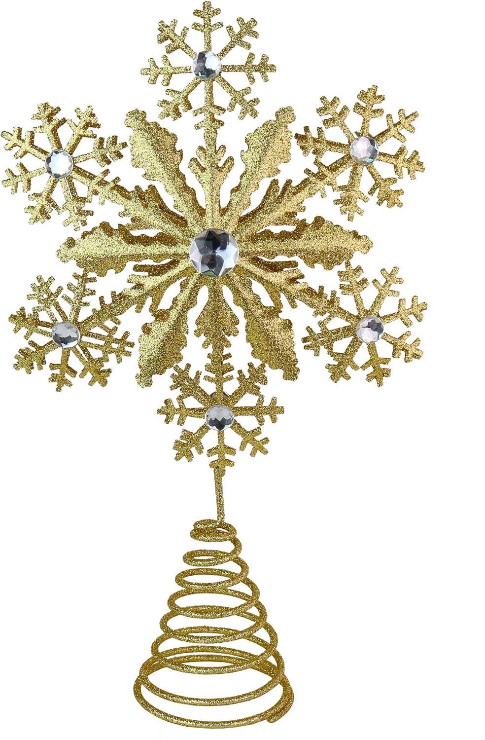 Gold Glitter Snowflake Tree Topper with Silver Gems