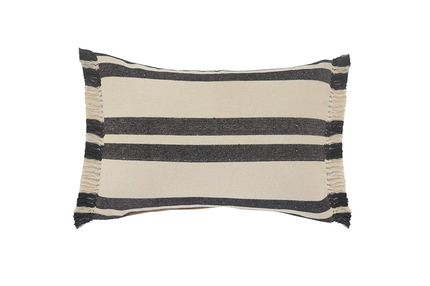 LR Home Gray Double Striped Lumbar Pillow with Fringe