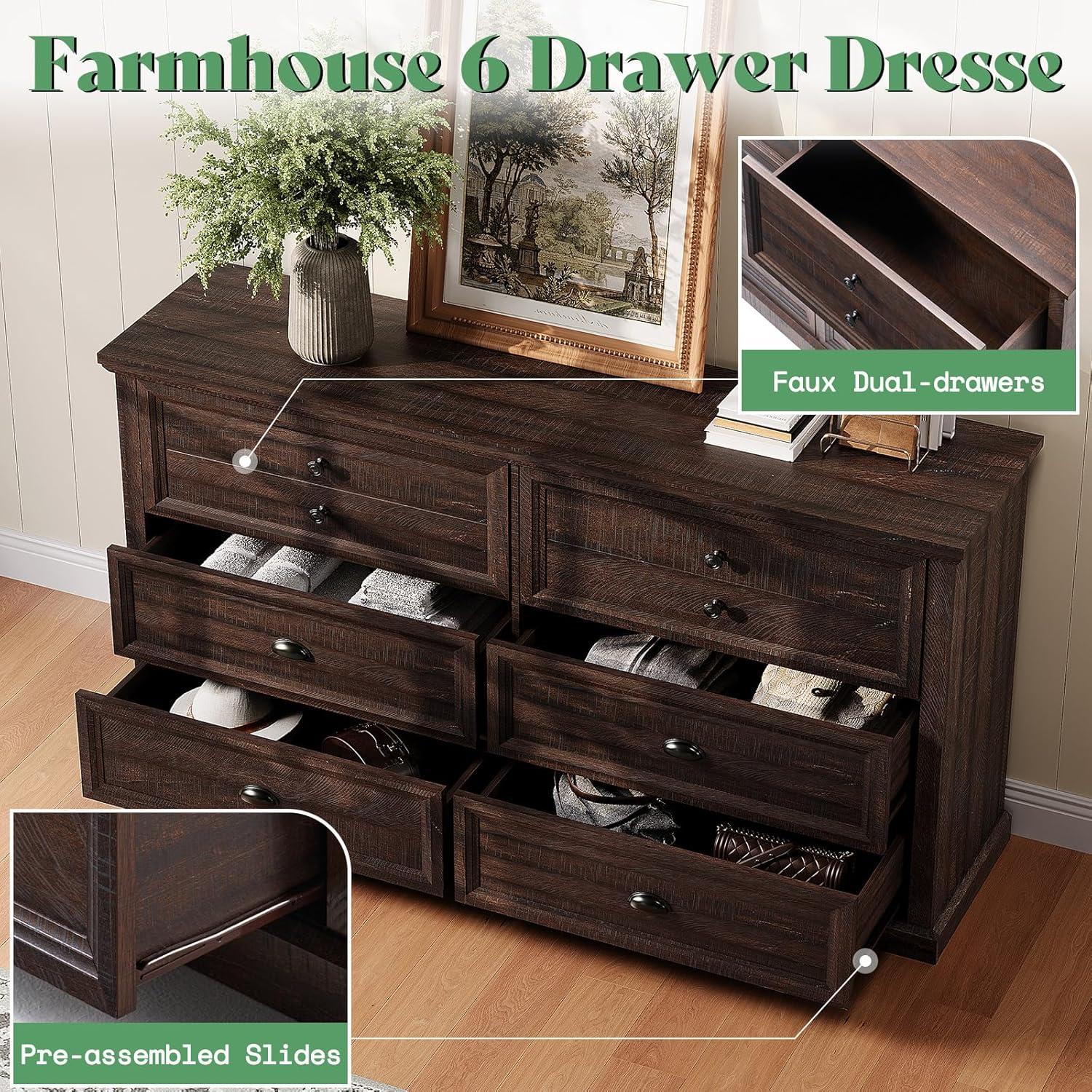 Winston Porter 58" Farmhouse 6 Drawer Dresser