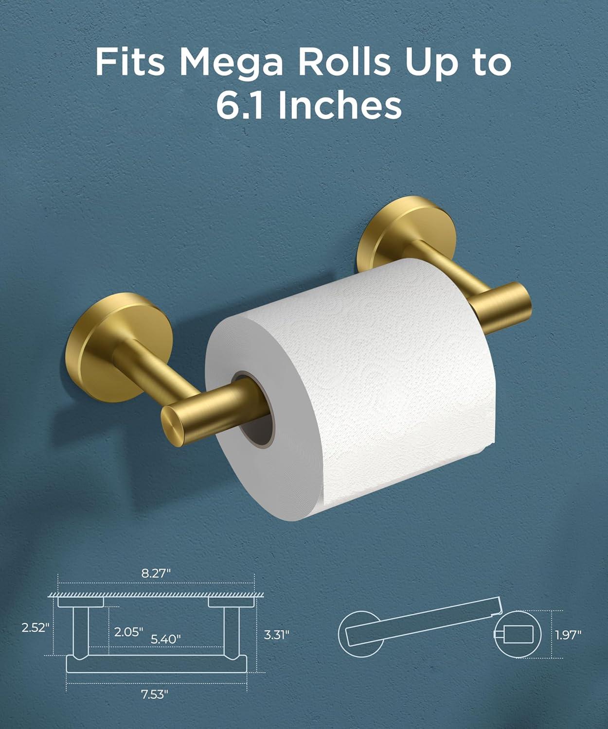 MOGFCT Toilet Paper Holder Brushed Gold Wall Mounted, Double Post Pivoting Toilet Paper Holder SUS 304 Stainless Steel Bathroom