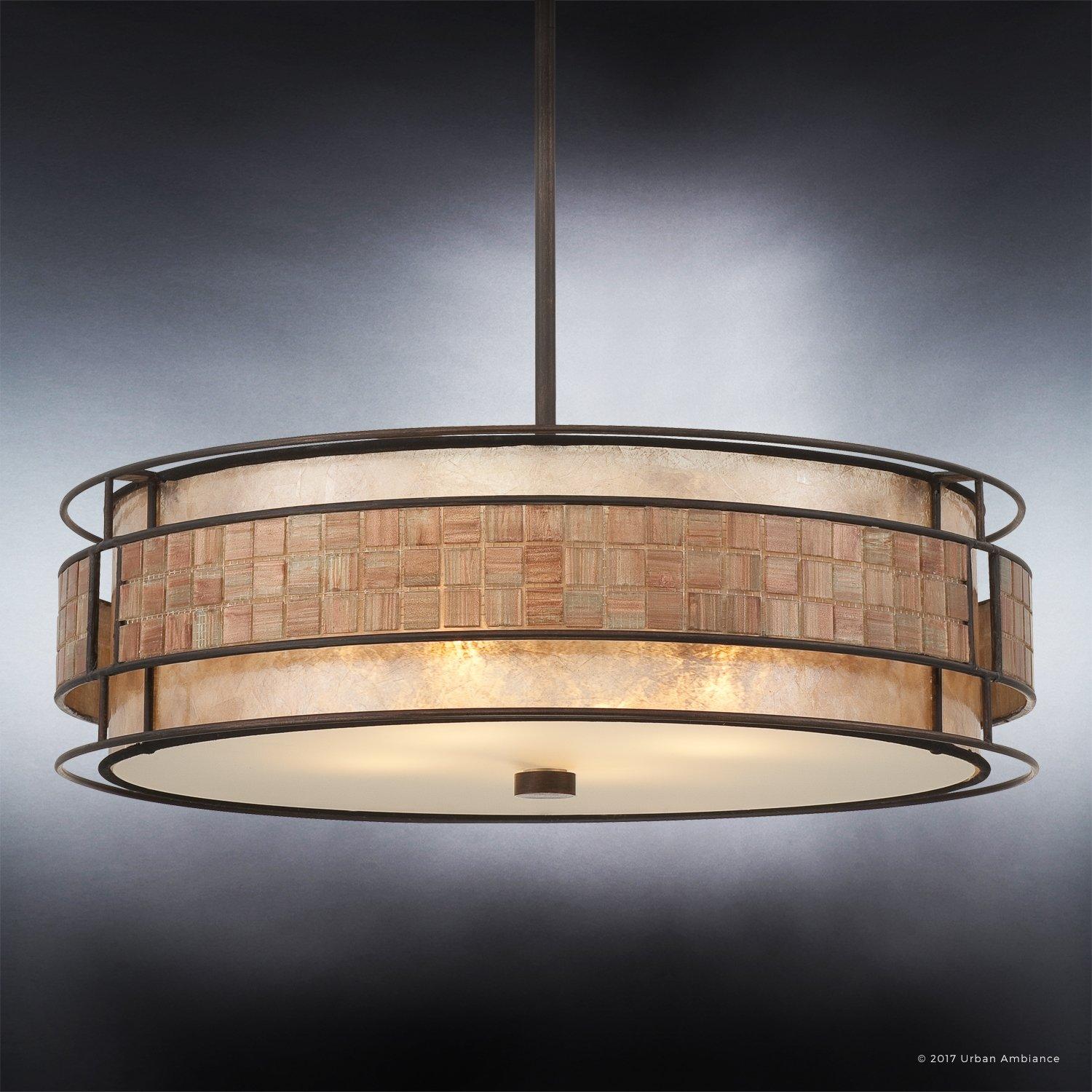 Urban Ambiance Luxury Art Deco Chandelier, Medium Size: 5.5"H x 22"W, with Moroccan Style Elements, Copper Revival Finish and Oyster Mica Inner Shade, Mosaic Tile Outer Shade, UQL2430
