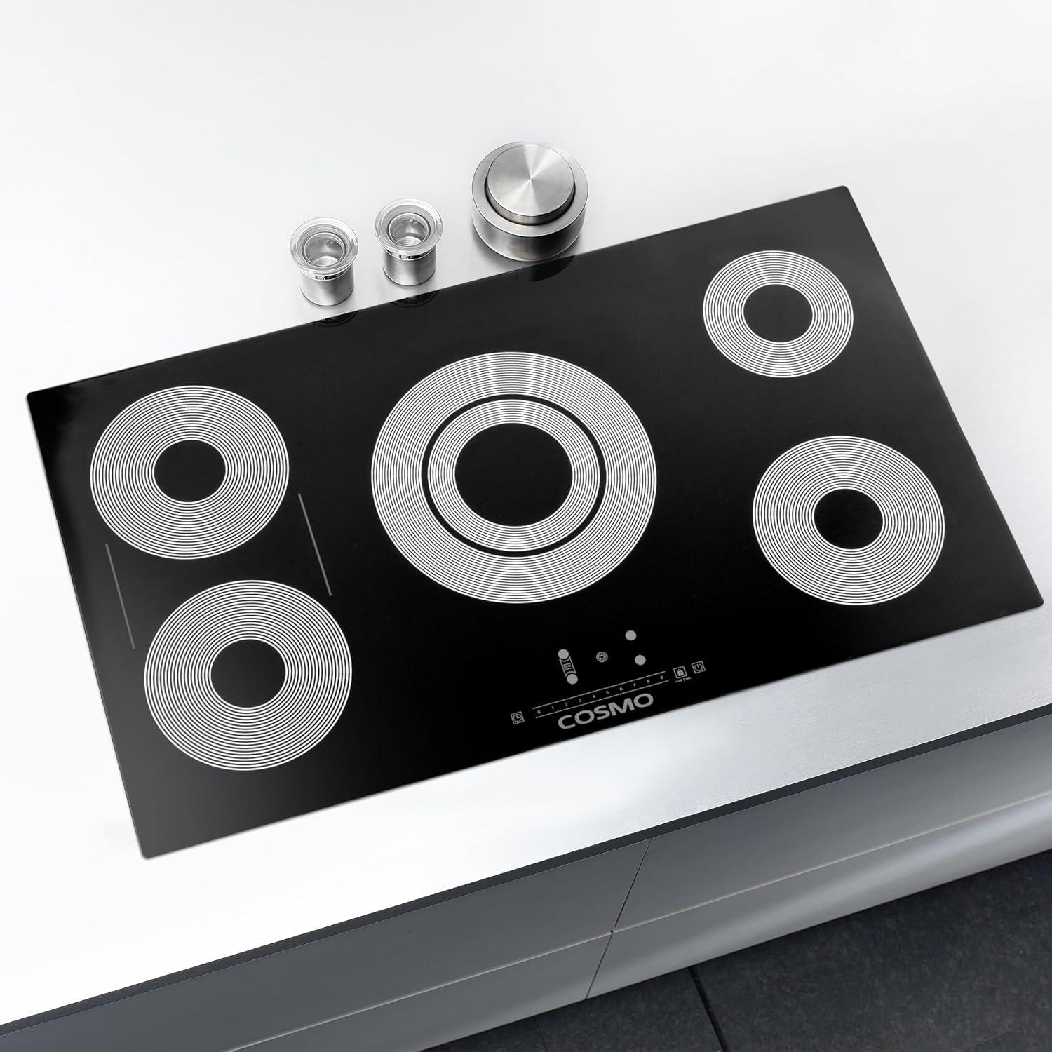 Cosmo 36 In. Electric Ceramic Glass Cooktop With 5 Burners, Triple Zone Element In Black