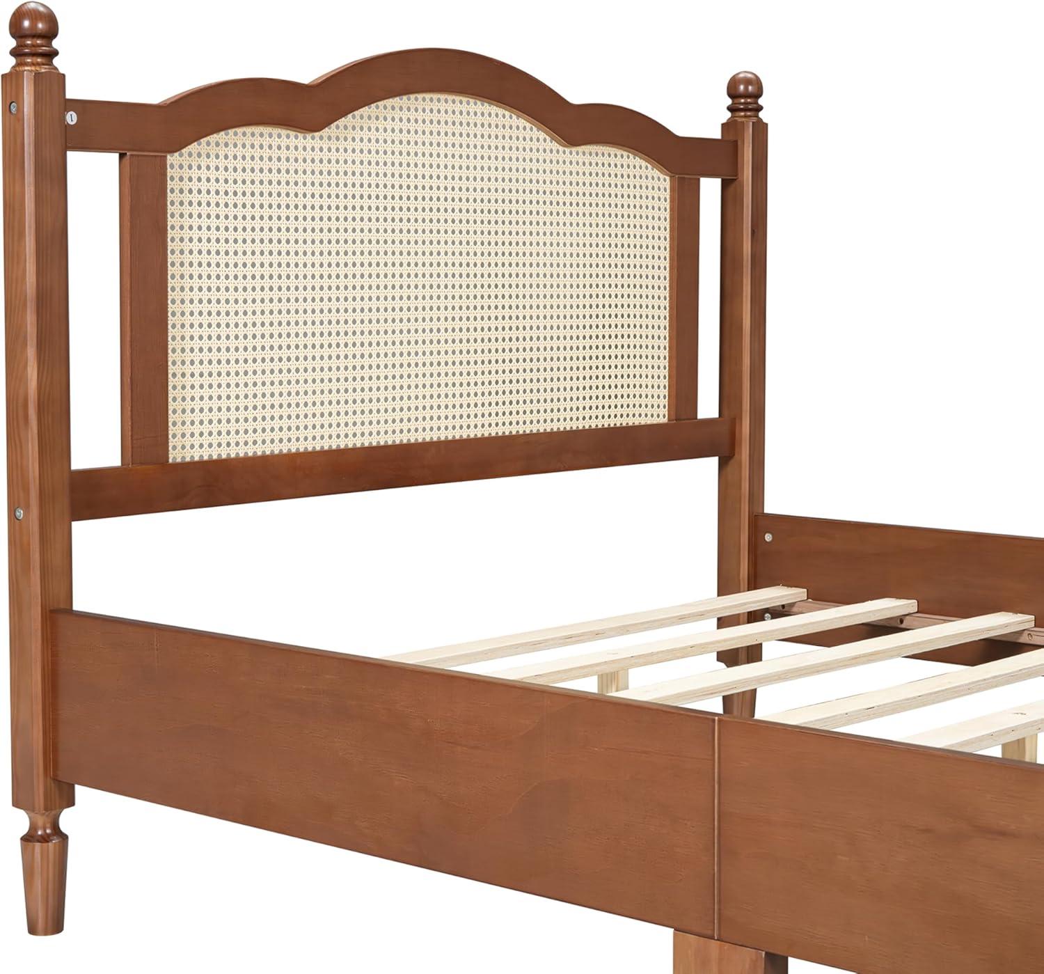 Full-Size Wooden Platform Bed with Natural Rattan Headboard, Mid-Century Modern Bed Frame for Bedroom Guest Room, Slats Support Bed Mattress Foundation No Box Spring Needed & Easy Assemble