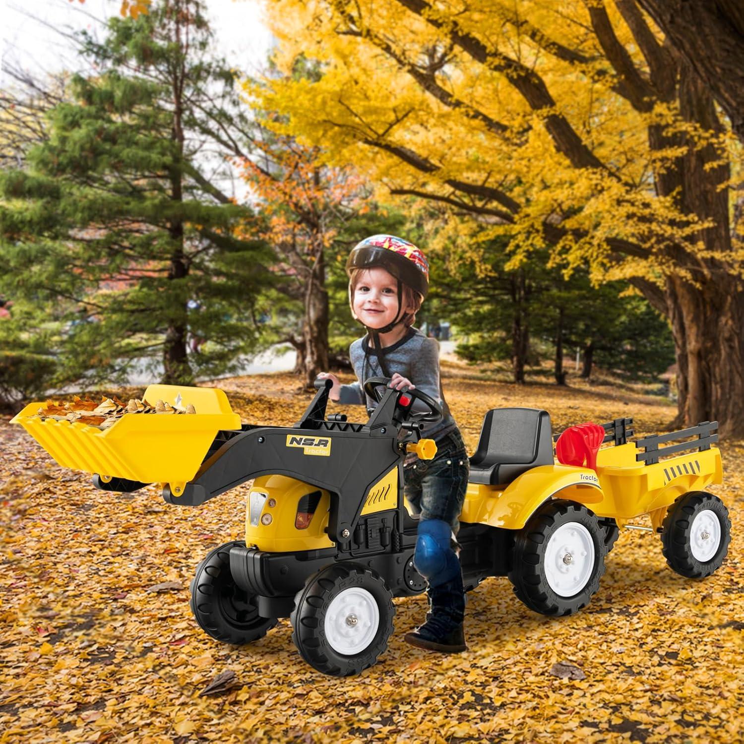 Yellow Pedal Ride-On Excavator with Detachable Trailer