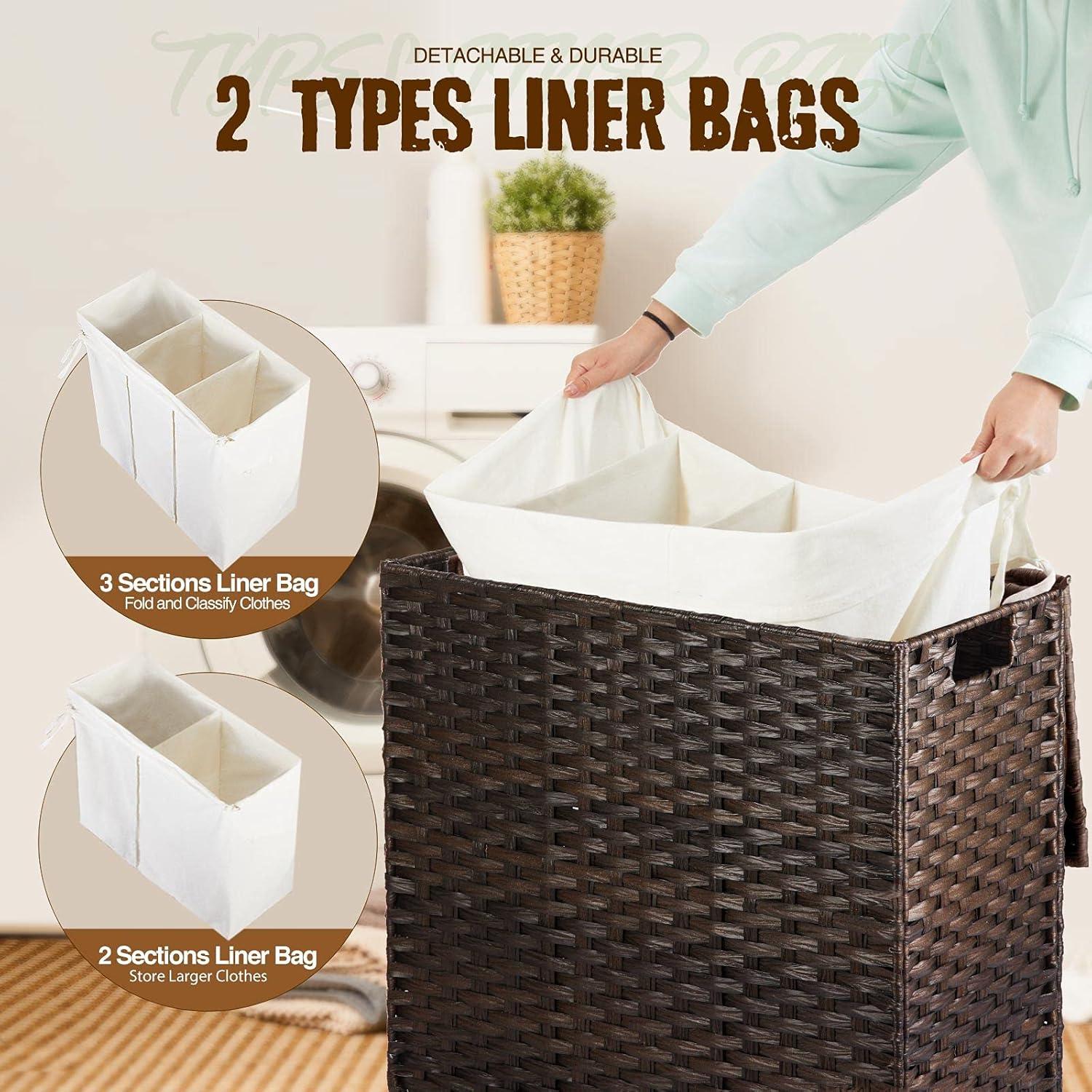 Greenstell Laundry Hamper with Lid, 125L Large Clothes Hamper with 3 Section & 2 Section Removable Liner Bags & 5 Mesh Laundry Bags, Handwoven Synthetic Rattan Divided Laundry Basket, Brown