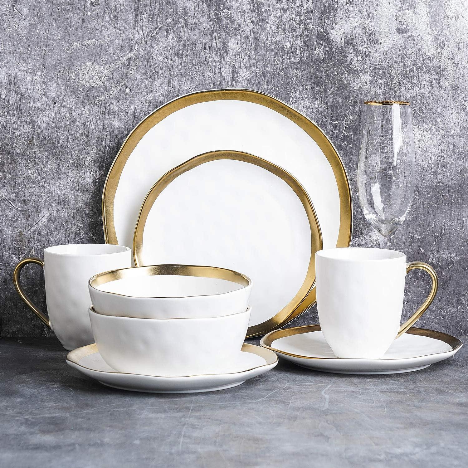 White and Gold Porcelain 16-Piece Dinnerware Set for 4