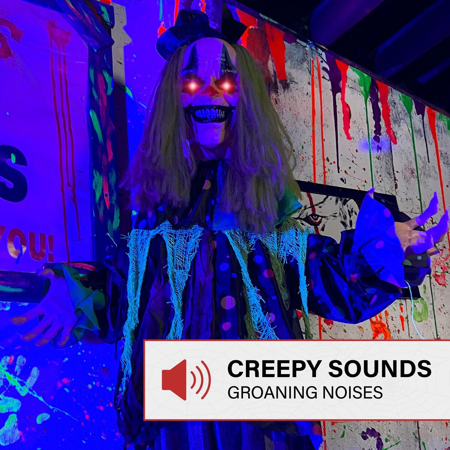 Haunted Hill Farm Lifesize Animatronic Clown with Lights and Sound, Indoor/Covered Outdoor Halloween Decoration