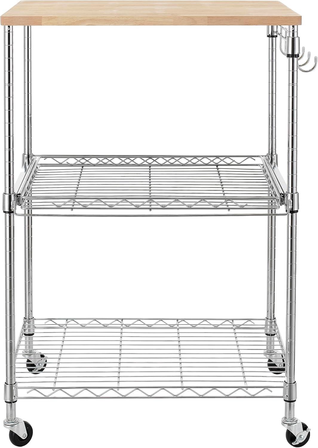 3-Tier Rolling Kitchen Cart, Microwave Cart with Oak Wood Tabletop and Drawer Slider, Coffee Cart & Food Service Cart with Hooks, Chrome