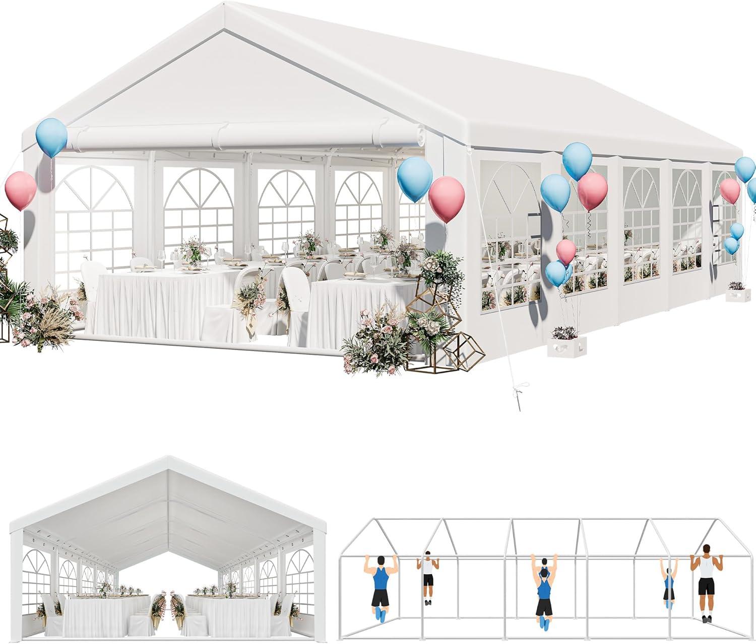 Dextrus 16x32FT Party Tent Heavy Duty PVC Wedding Event Shelters White Upgraded Galvanized Ripple Canopy with Large Roof Removable Sidewalls & 3 Storage Bags 600D Oxford Commercial