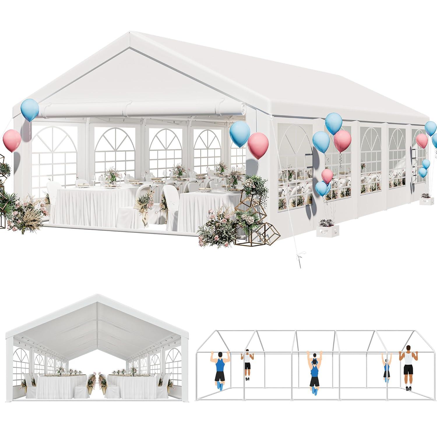 Dextrus 16x32FT Party Tent Heavy Duty PVC Wedding Event Shelters White Upgraded Galvanized Ripple Canopy with Large Roof Removable Sidewalls & 3 Storage Bags 600D Oxford Commercial