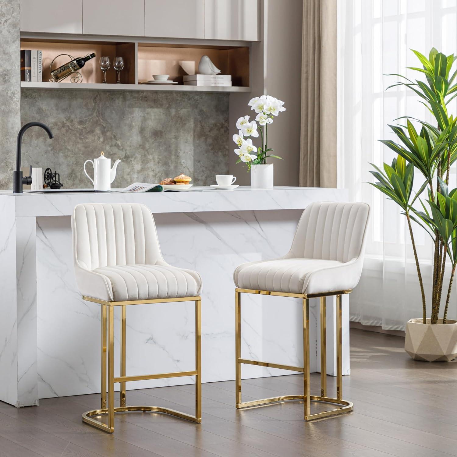 Counter Height Stools Set of 2, Velvet Bar Stools with 27 Inches Upholstered Seat Height, Handmade Woven Back Armrest, Sturdy Golden Metal Legs for Home Dining Pub Kitchen Island, Beige