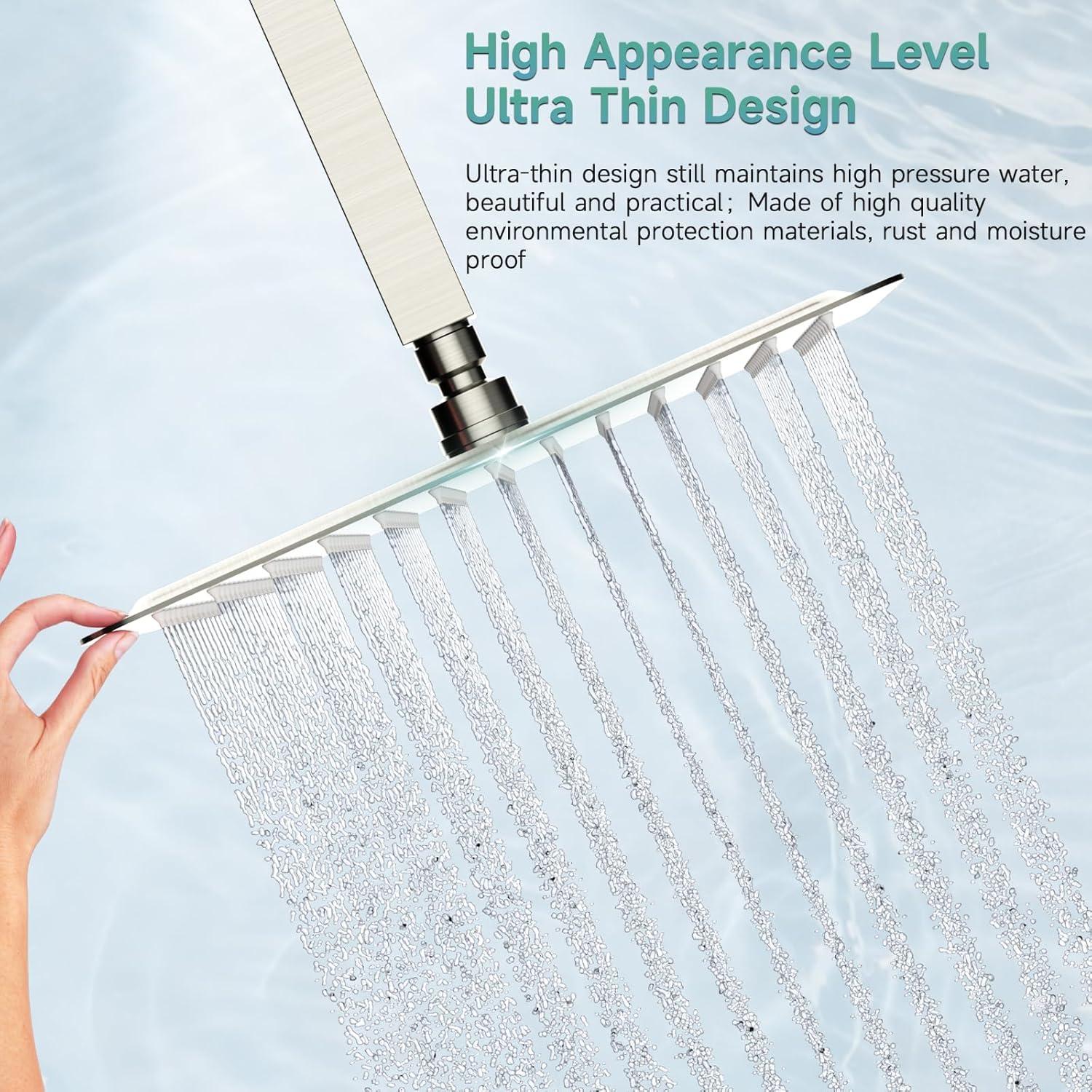 SR SUN RISE 12 Inch Rain Shower Head, High Pressure Rainfall Showerhead Large Waterfall Shower Head Ultra Thin Water Saving, Brushed Nickel 304 Stainless Steel