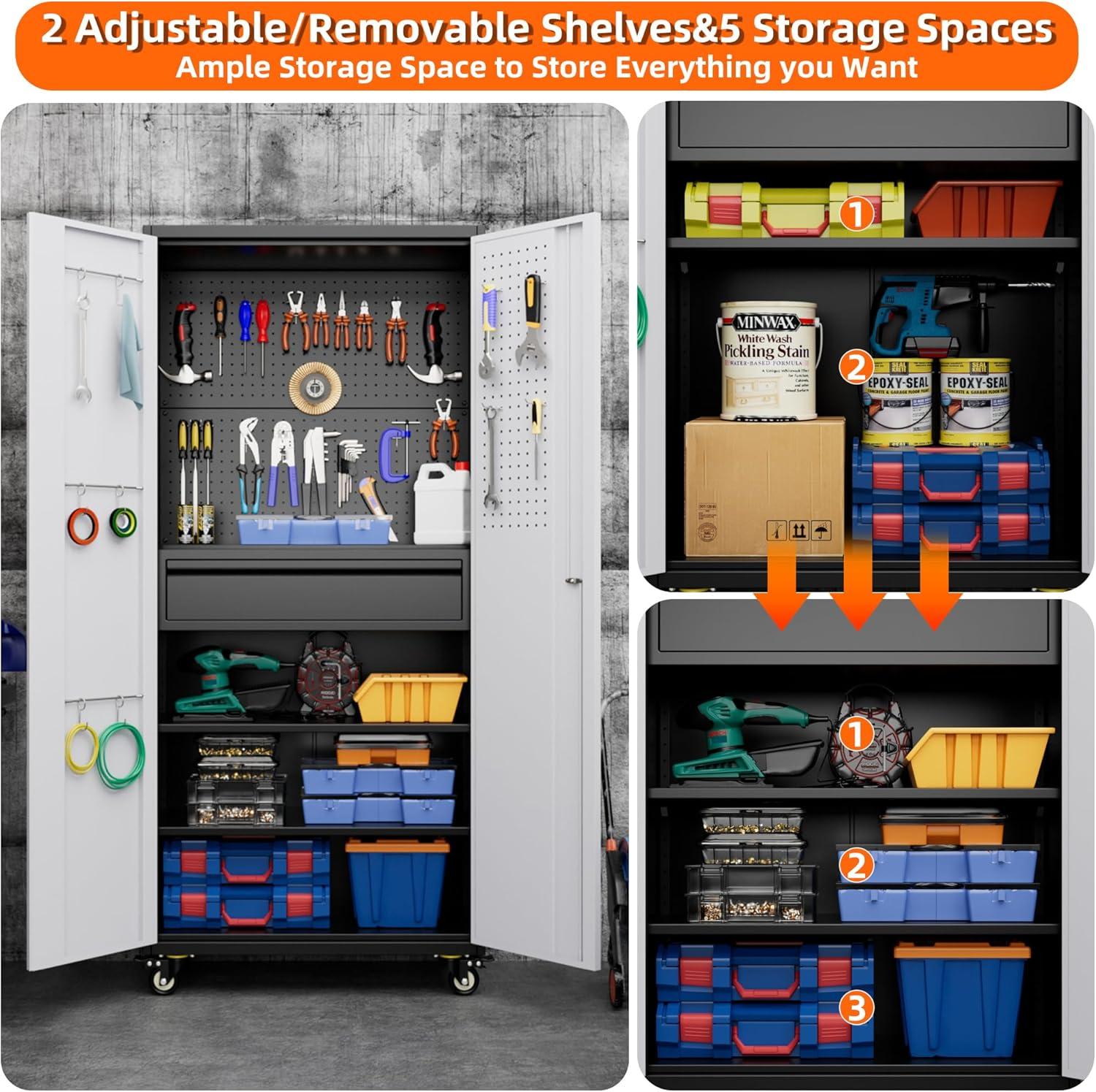 Aobabo Metal Storage Cabinet with Wheels & Pegboards,Office Storage Cabinet with Lock & Shelves,72'' H Steel Garage Cabinet for Office Home Storage,White Required-Assembly