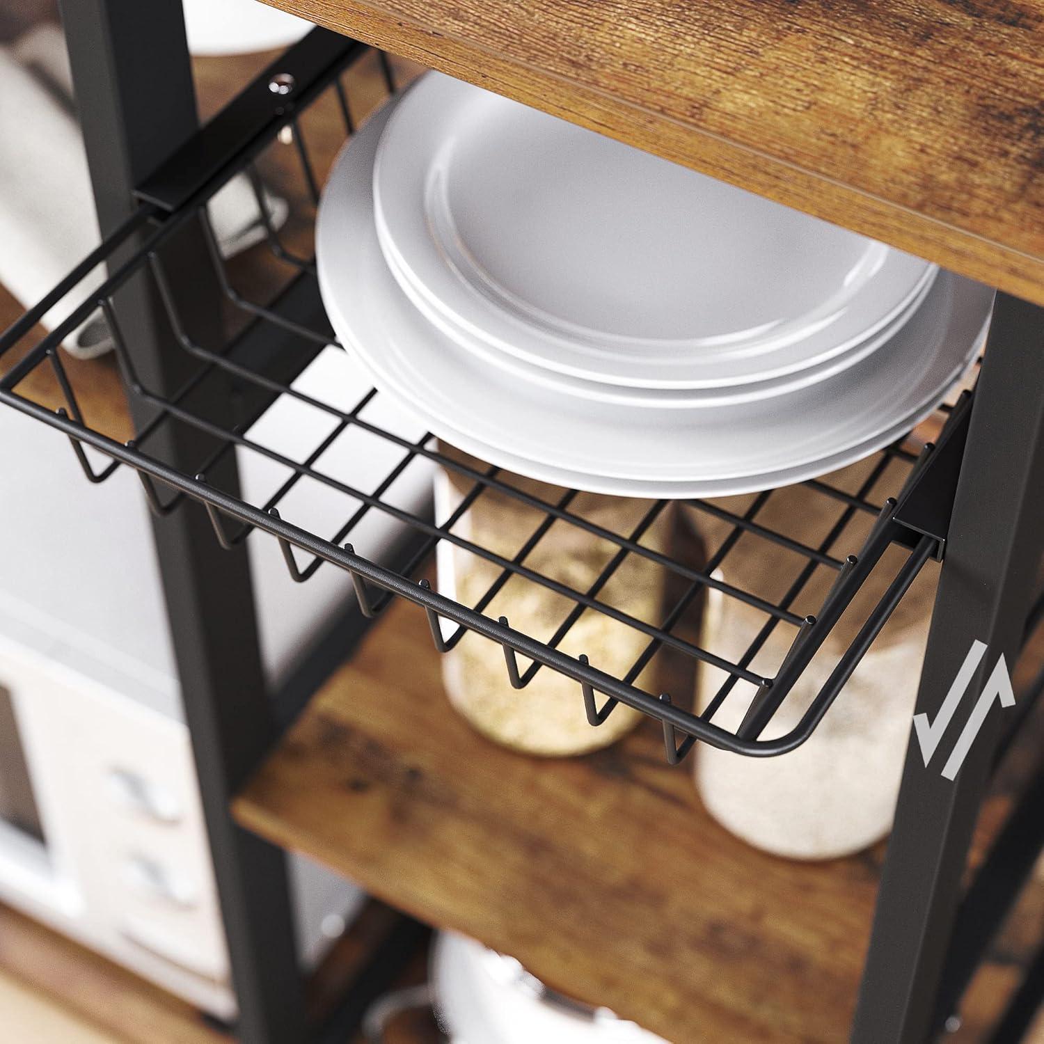 Rustic Brown Steel Frame Kitchen Baker's Rack with Hooks