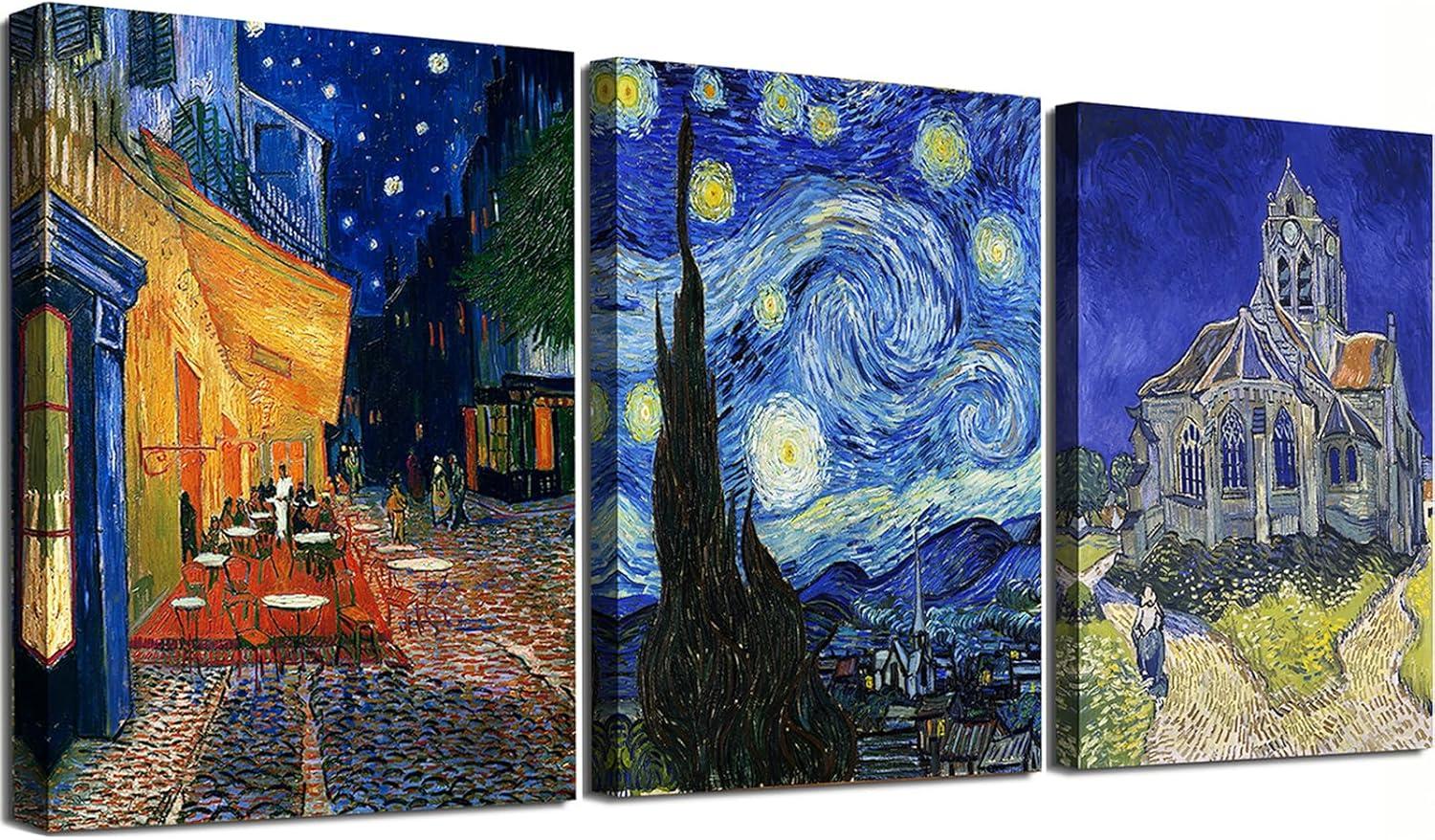 Cafe Terrace At Night by Vincent Van Gogh Wall Art Canvas Prints, Starry Night Over The Rhone Classic Painting Artwork Poster for Bedroom Bathroom Decor - 12" x 16" x 3 Pcs