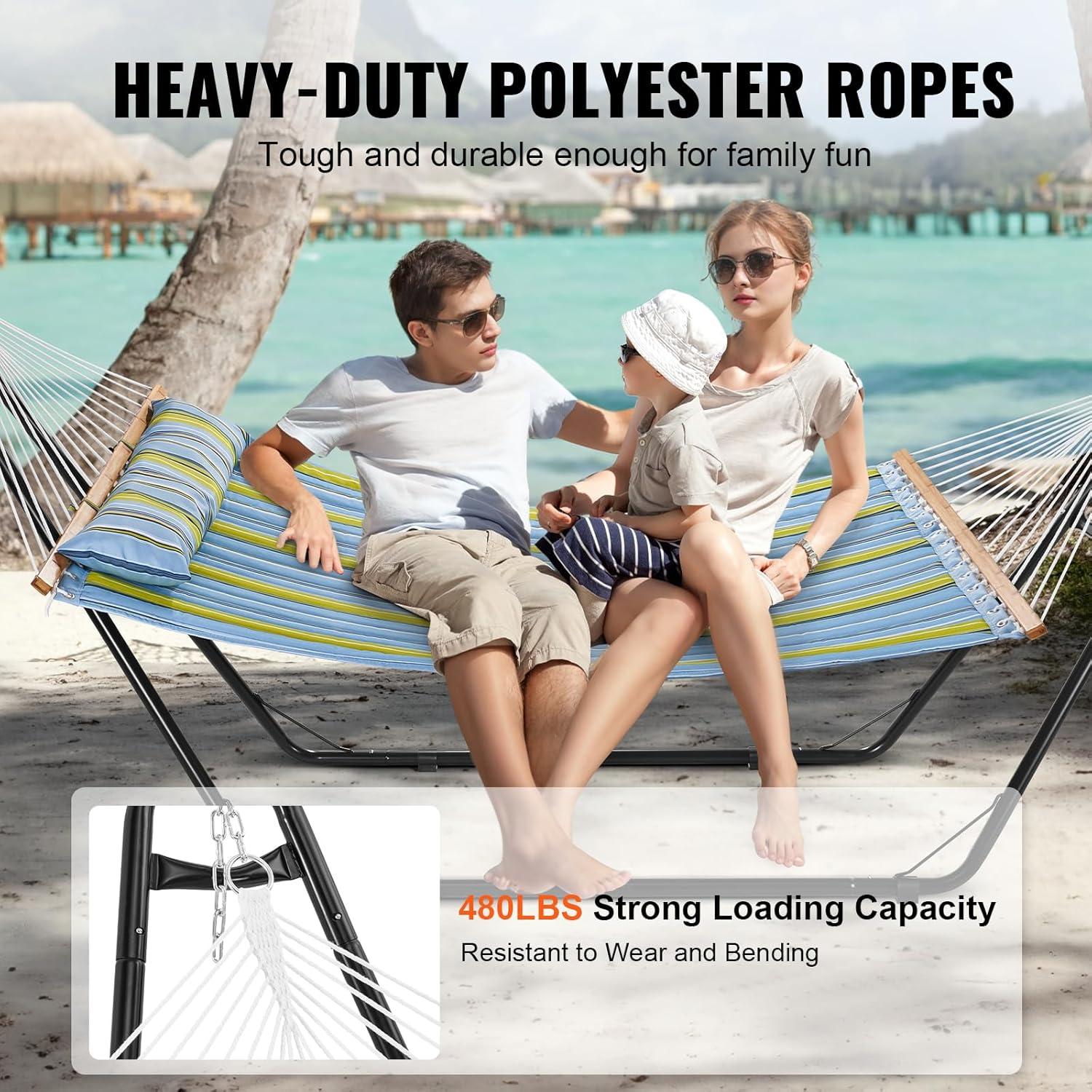 2 Person 12.3 ft Hammock with Stand Included Double Hammock with Curved Spreader Bar and Detachable Pillow