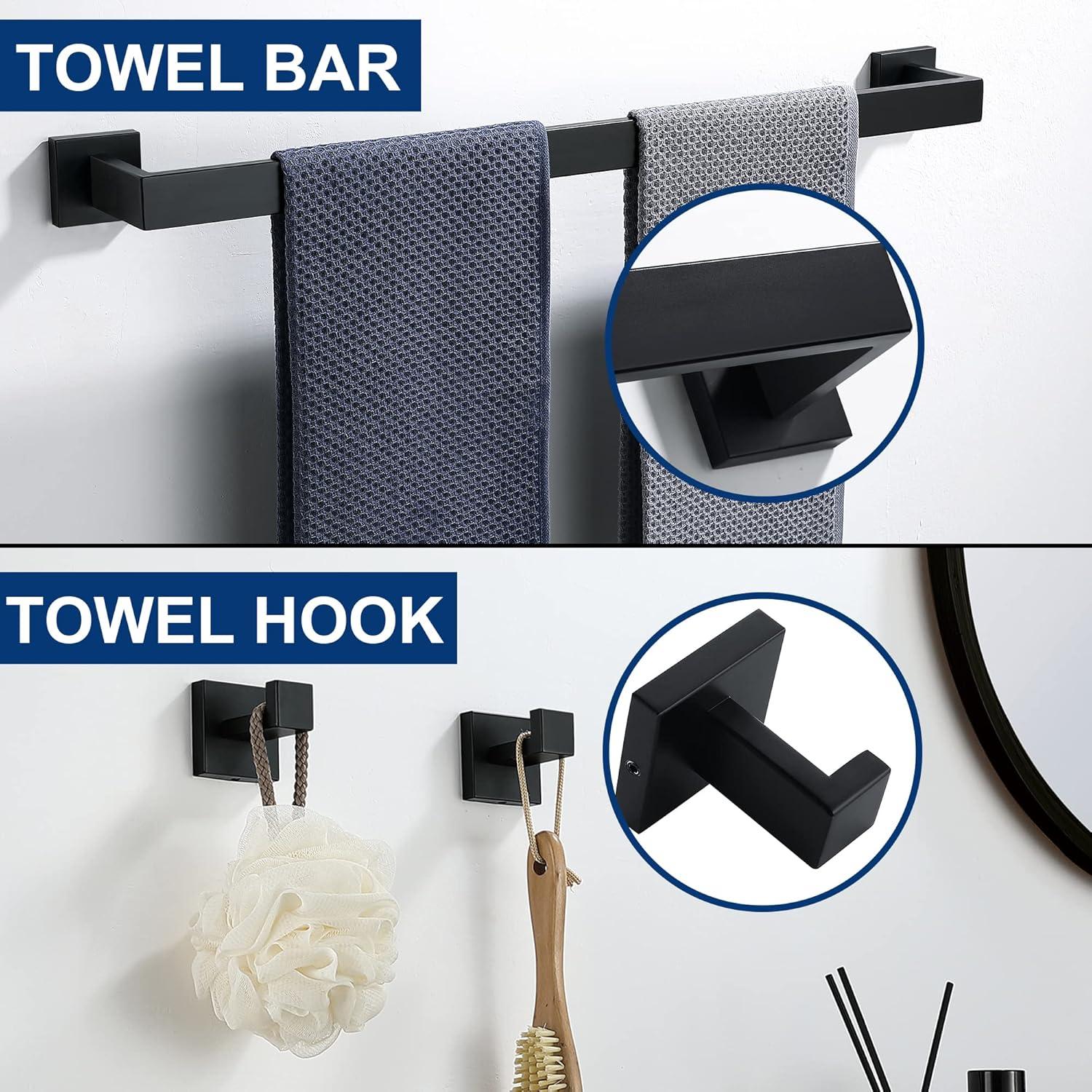 Bathroom Hardware Set,Frsuoak 5-Pieces Matte Black Bathroom Hardware Accessories Set, SUS304 Stainless Steel Bath Towel Bar Set, Towel Racks for Bathroom Wall Mounted