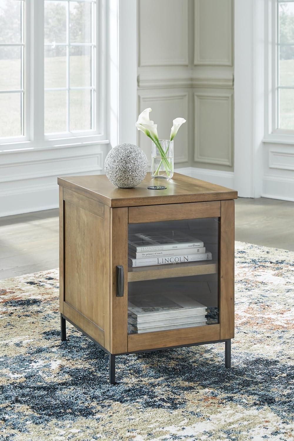 Medium Brown and Black Wood Metal Chairside End Table with Storage