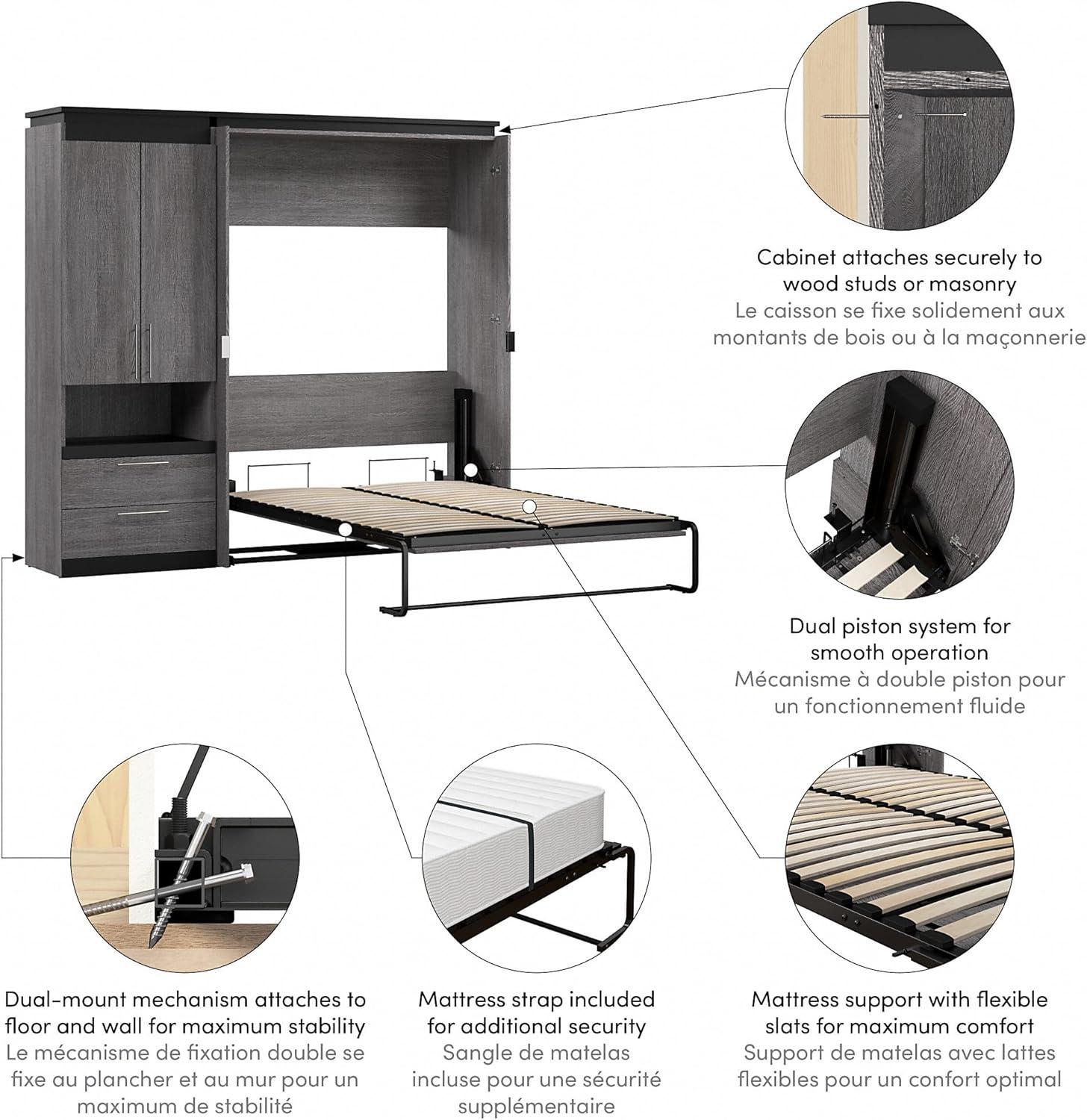 Bestar Orion 89" Full Murphy Bed with Storage Cabinet in Bark Gray