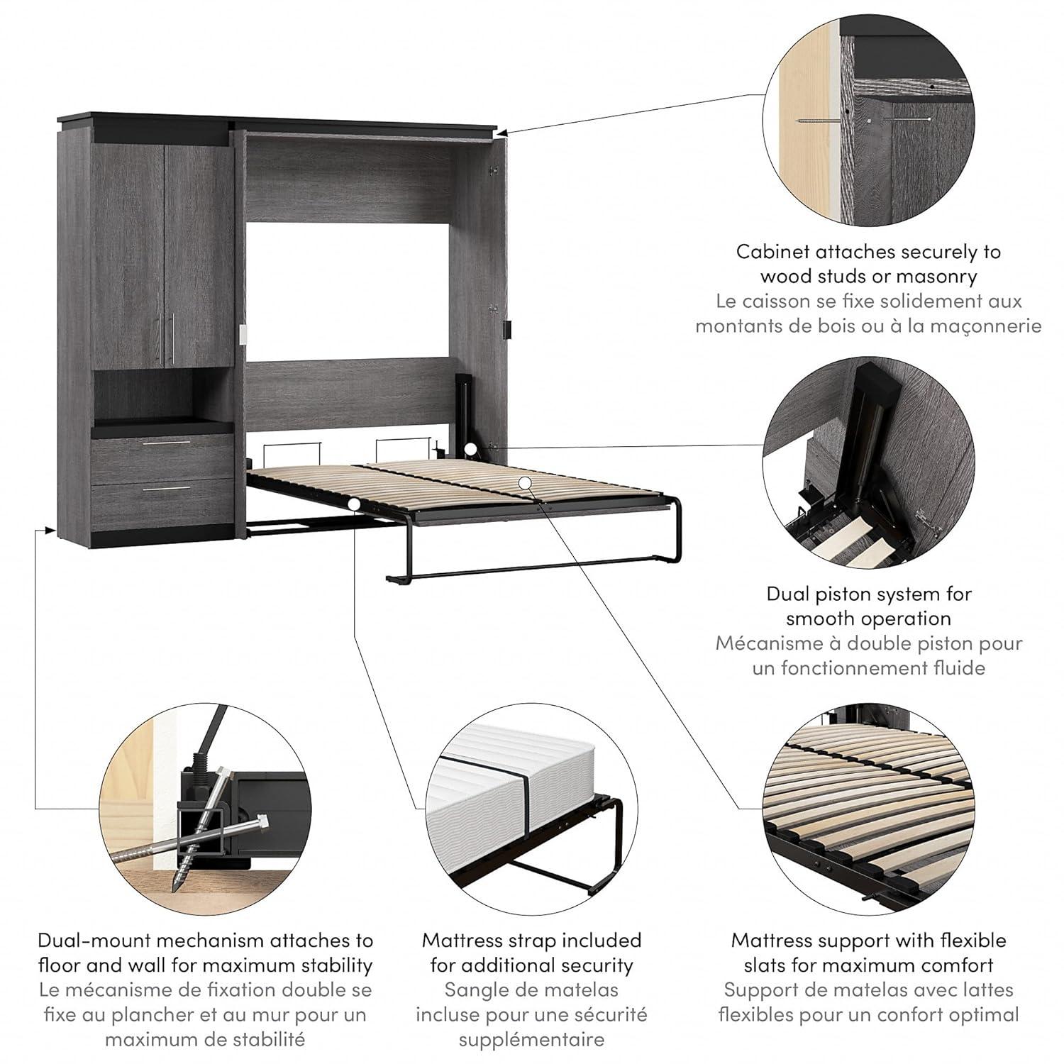 Bestar Orion 89" Full Murphy Bed with Storage Cabinet in Bark Gray
