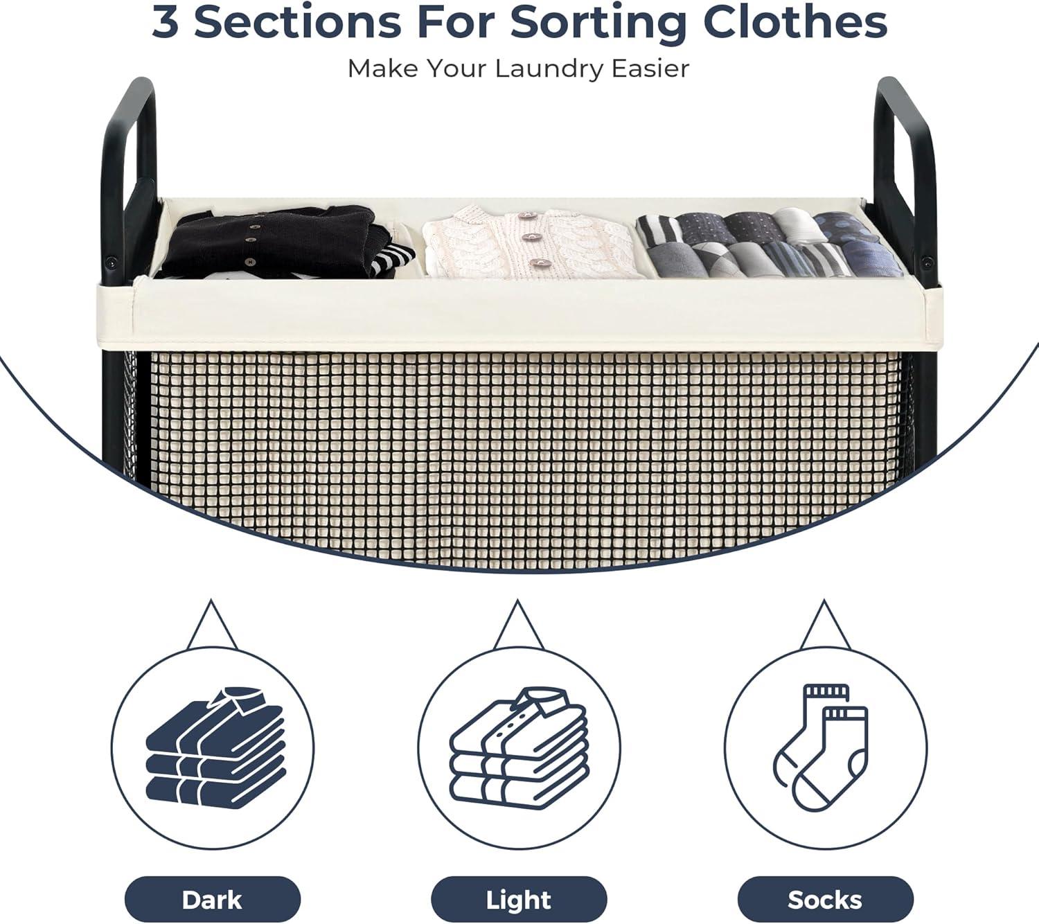 Modern Black and Beige 3-Section Rolling Laundry Sorter with Removable Liner