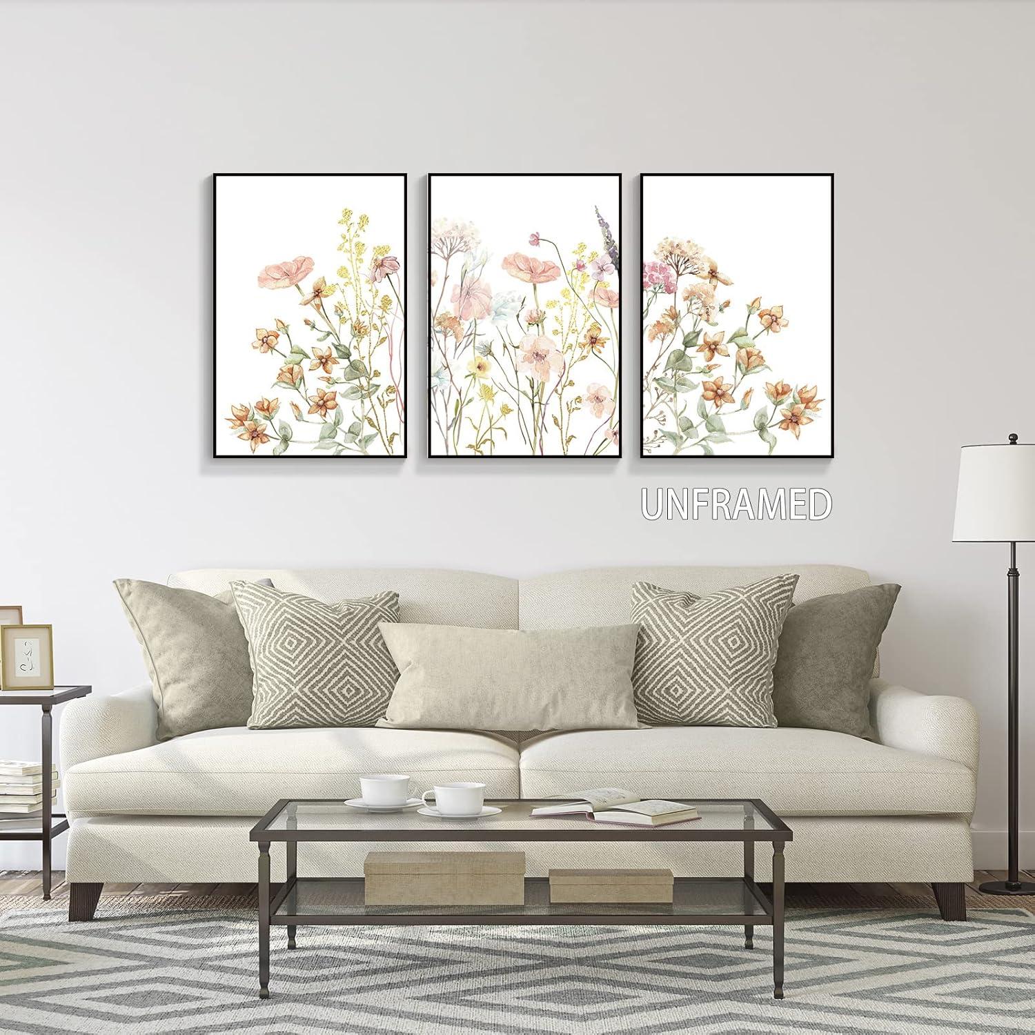 Framed Wildflower Wall Art Canvas Prints Plant Watercolor Floral Poster Set of 3 Colorful Botanical Rustic Painting Farmhouse Picture Wall Decor for Bedroom Living Room Bathroom12x16in