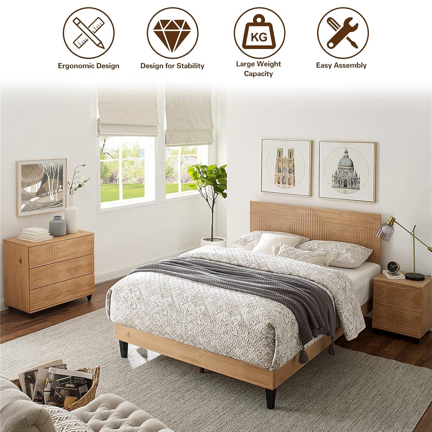 MUSEHOMEINC Queen Size Bed Frame with Adjustable Height Headboard,Mid Century Modern Wood Platform Bed,Mattress Foundation with Wooden Slat Support,No Box Spring Needed,Easy Assembly(Queen)