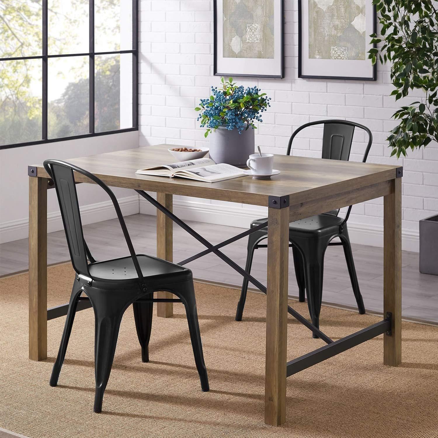 Flamaker Metal Dining Chairs Indoor-Outdoor Use Stackable Side Chairs with Back Industrial Kitchen Classic Trattoria Chair Set of 4 (Black)