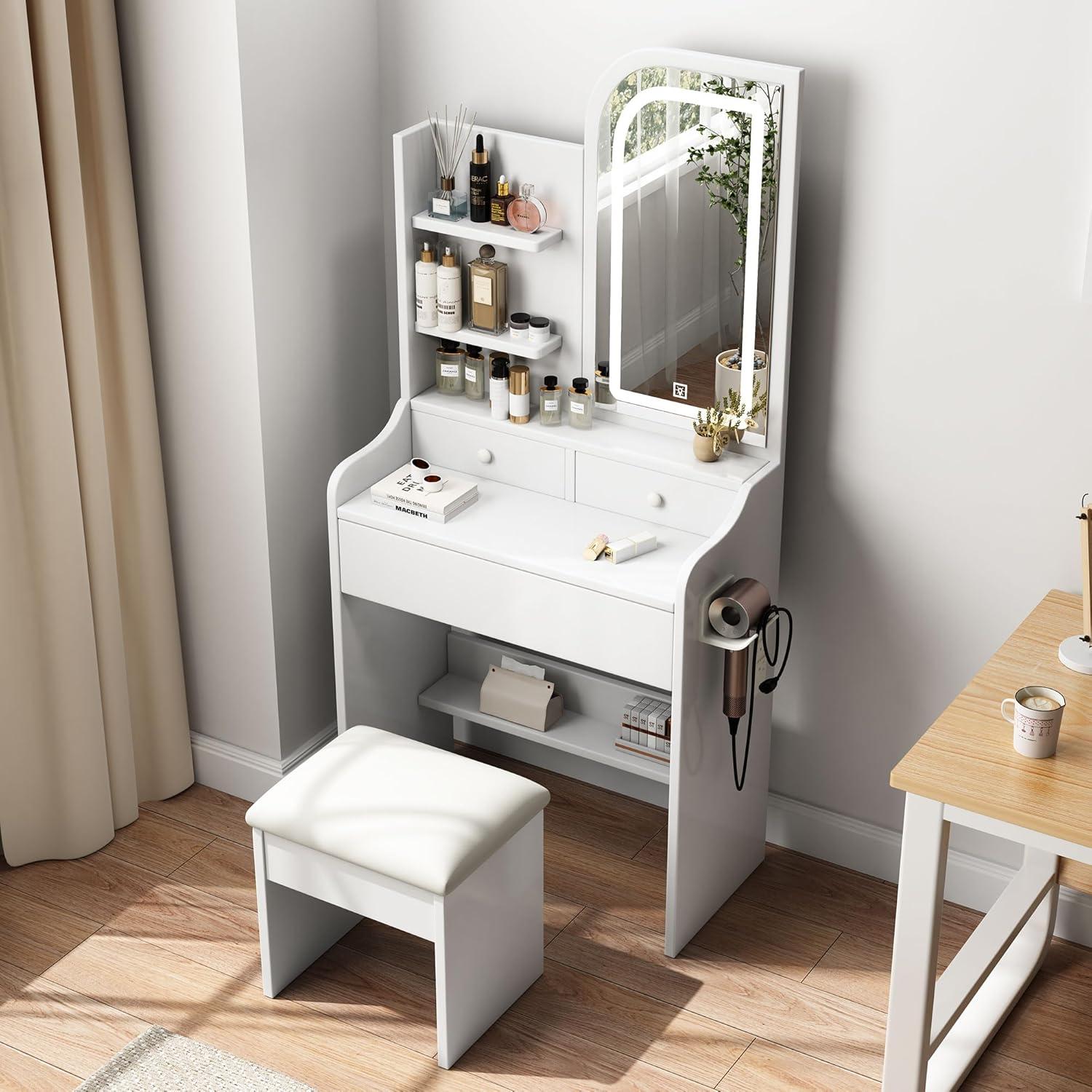 Small Vanity Desk Set with Power Outlet, Mini White Makeup Vanity with Mirror and Lights, Cute Dressing Table with Stool for Small Space