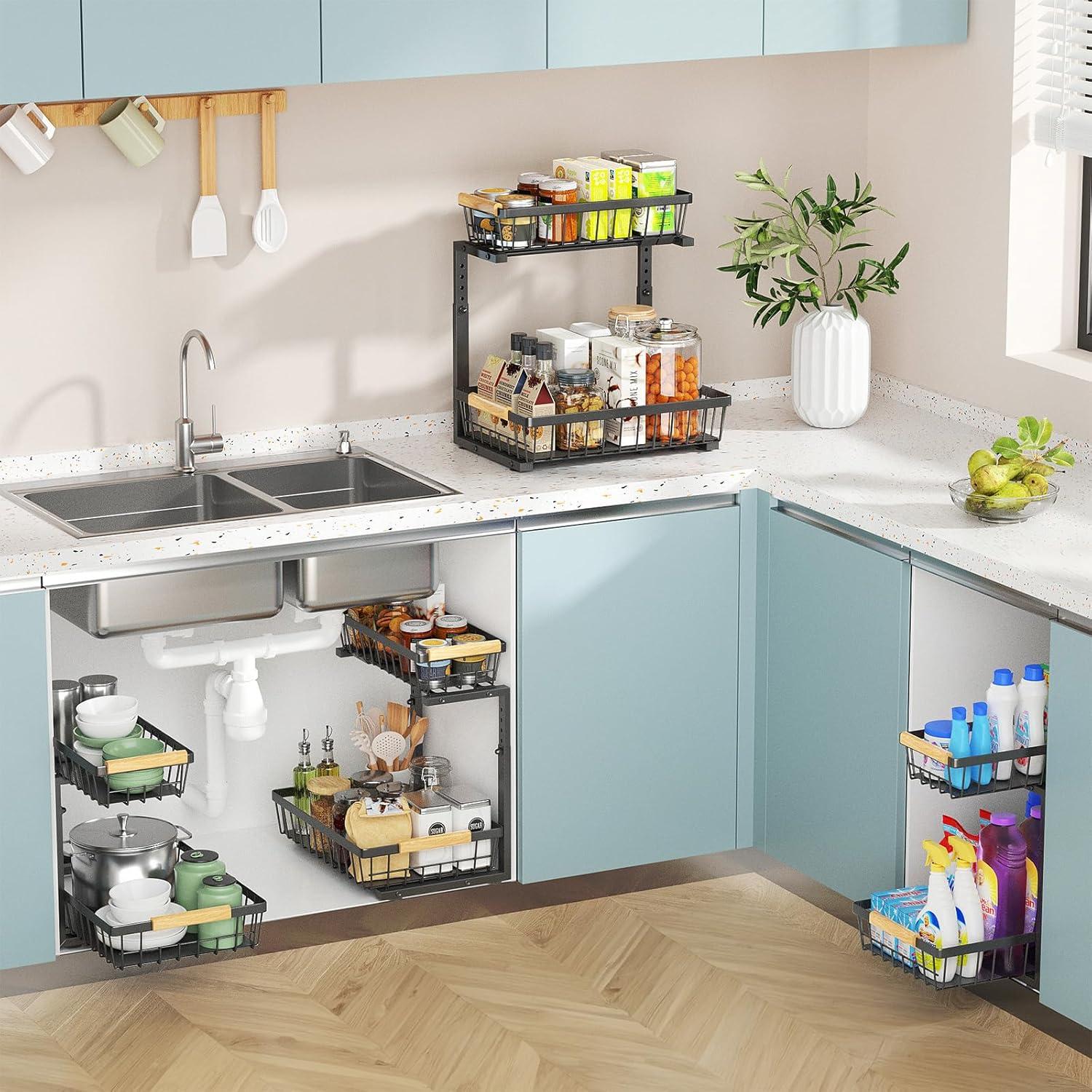 Rebrilliant Under Sink Organizer, 2 Tier Under Sink Organizers And Storage, Metal Slide Out Pull Out Cabinet Organizer ,2 Pack Sliding Drawer Organizer For Kitchen Bathroom Pantry