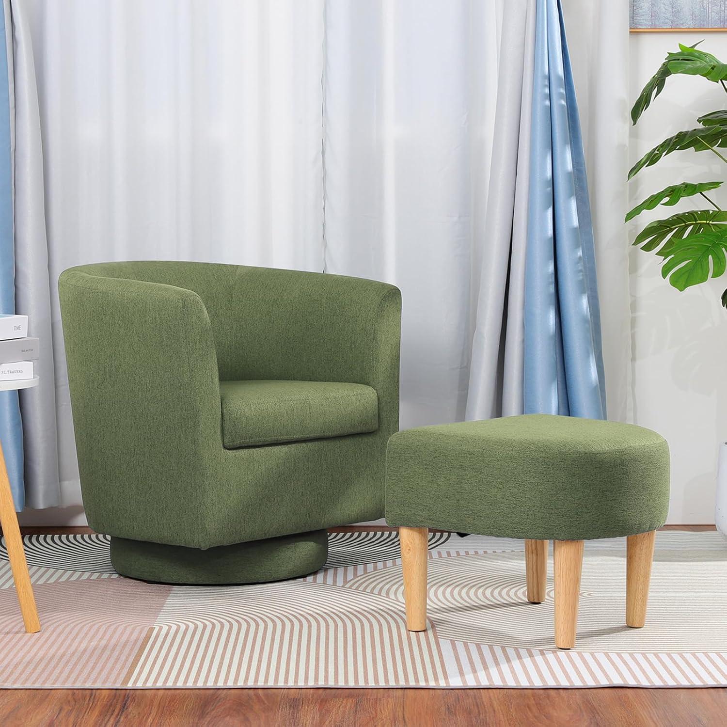 Green Velvet Barrel Swivel Accent Chair with Ottoman