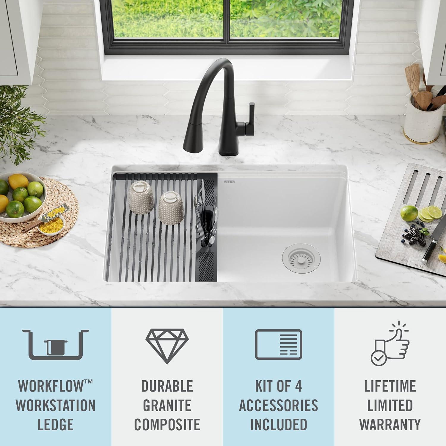 DELTA FAUCET Everest 30-inch Granite Composite Workstation Kitchen Sink Undermount Single Bowl with WorkFlow Ledge and Accessories in White, 75B933-30S-WH